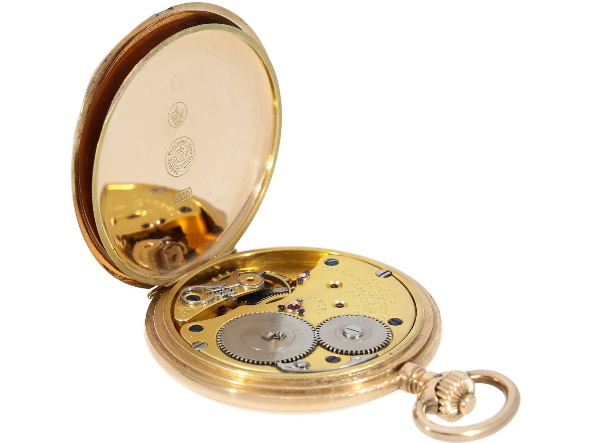 Taschenuhr: schöne klassische 14K Gold Savonnette, Deutsche Präzisionsuhr Original Glashütte, No. 20 - Bild 5 aus 6