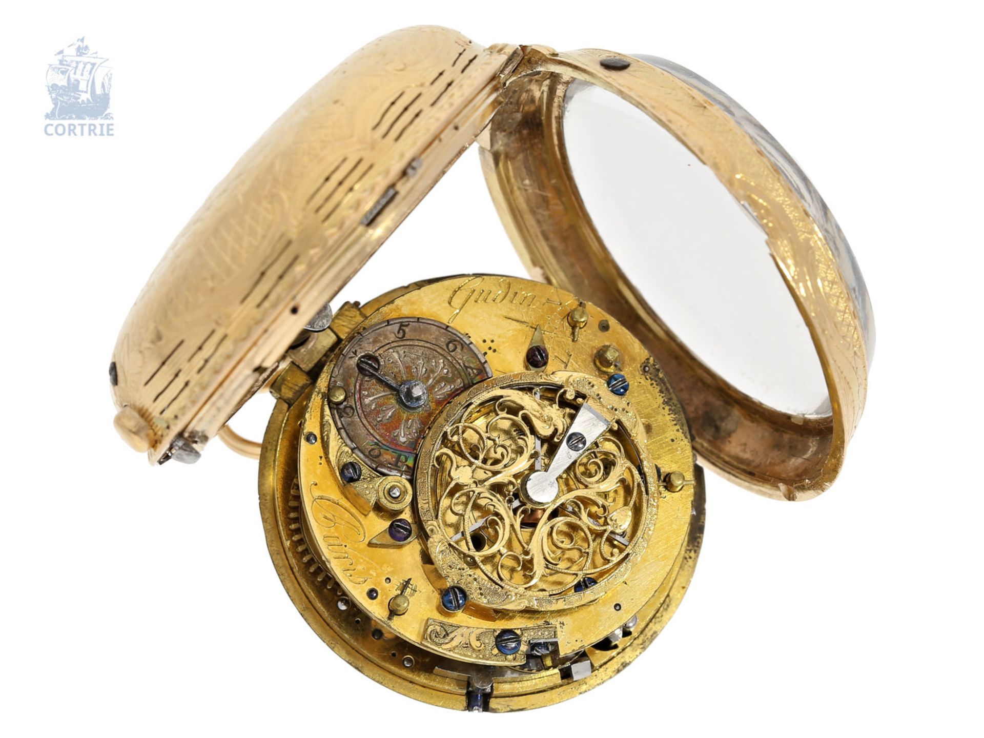 Taschenuhr: frühe französische Gold-Spindeluhr mit Repetition, Meister Jaques Jerome Gudin Paris (17 - Bild 3 aus 3