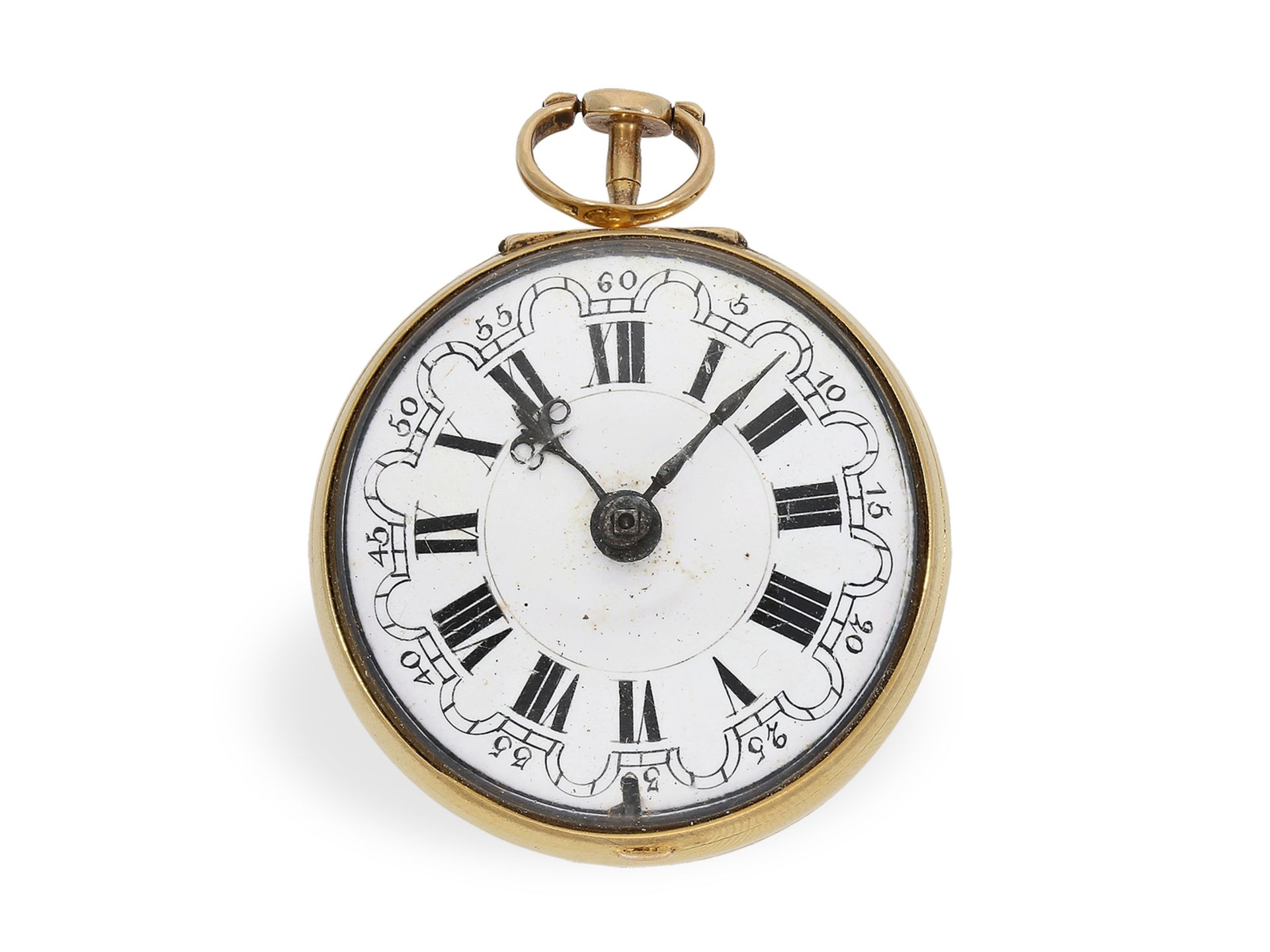 Taschenuhr: frühe 18K Repoussé-Doppelgehäuse-Spindeluhr, Hallmarks London 1758 - Bild 4 aus 7