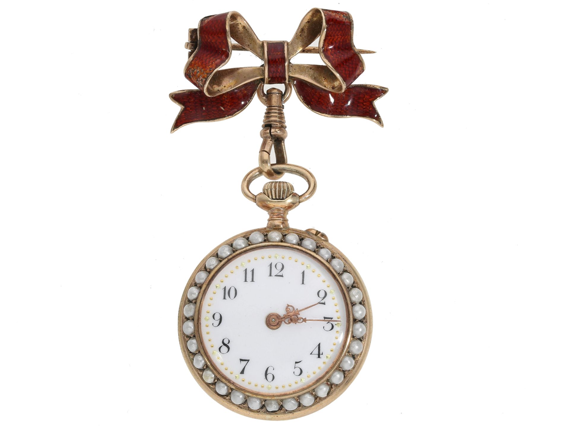 Taschenuhr/Anhängeuhr: Gold/Emaille-Broschenuhr mit Perlenbesatz und Originalschatulle, ca. 1900 - Image 2 of 4