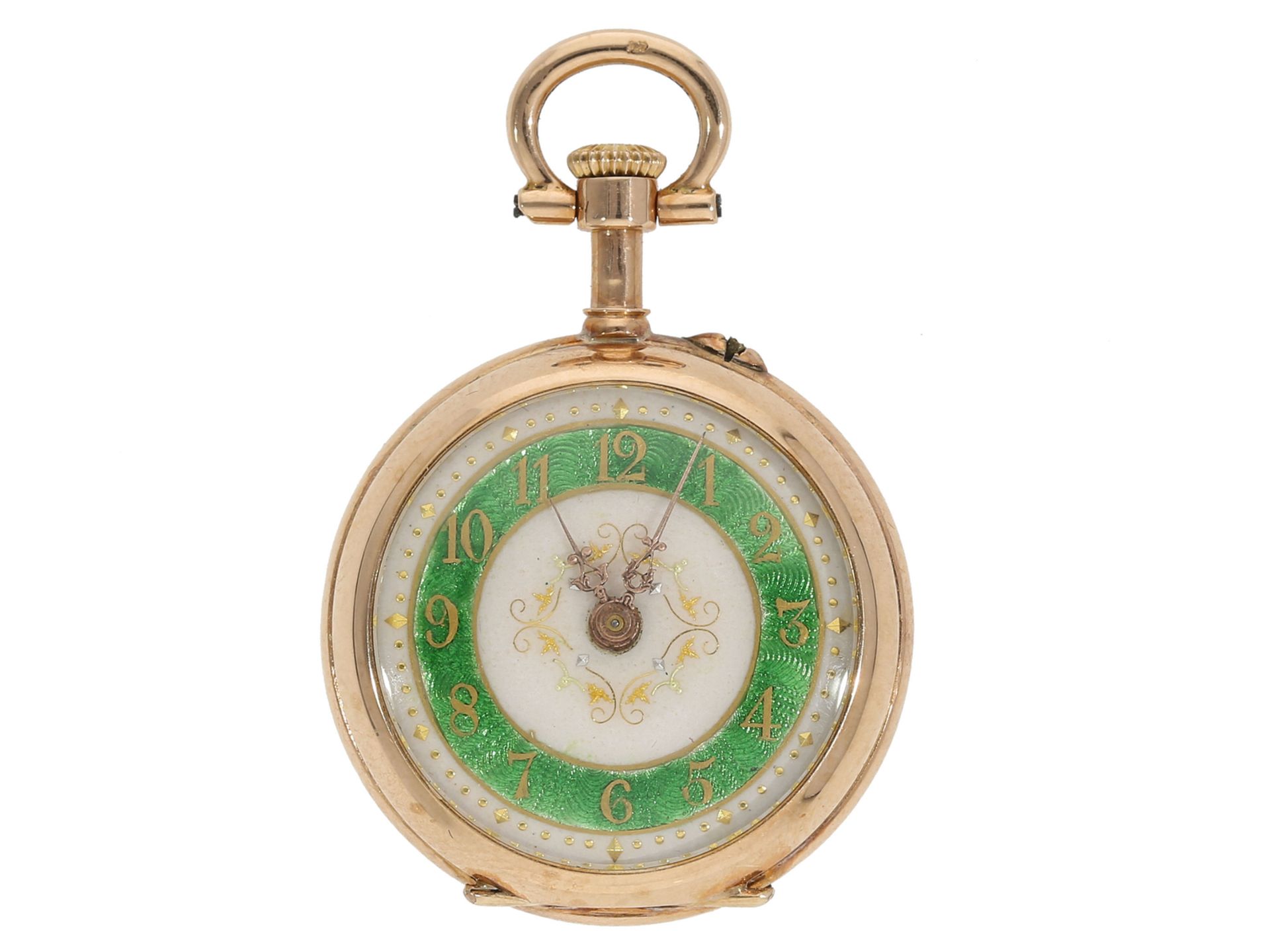 Taschenuhr/Anhängeuhr: exquisite Miniatur-Damenuhr mit Emaillemalerei und Diamantbesatz, ca.1900