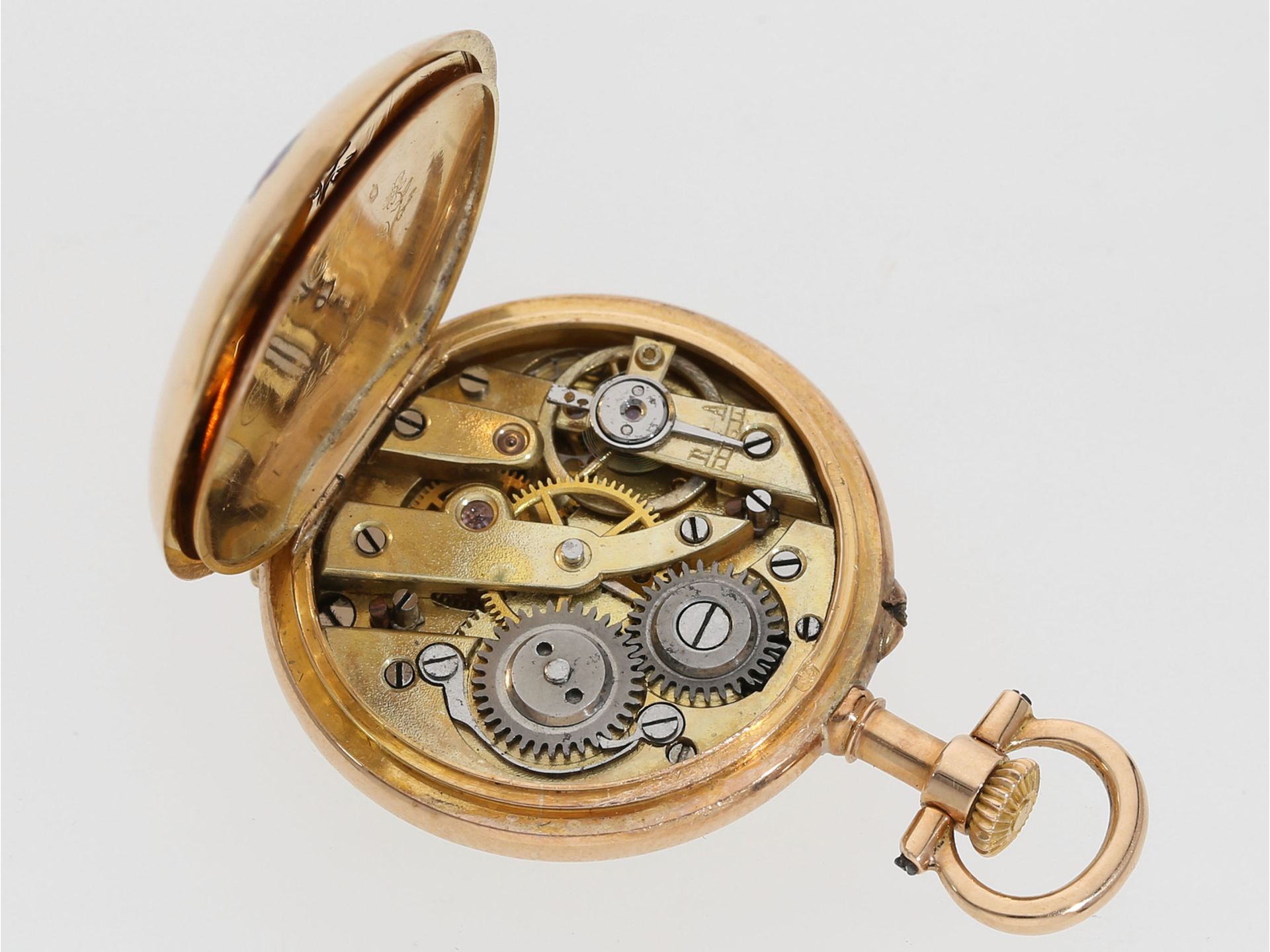 Taschenuhr/Anhängeuhr: exquisite Miniatur-Damenuhr mit Emaillemalerei und Diamantbesatz, ca.1900 - Image 4 of 4