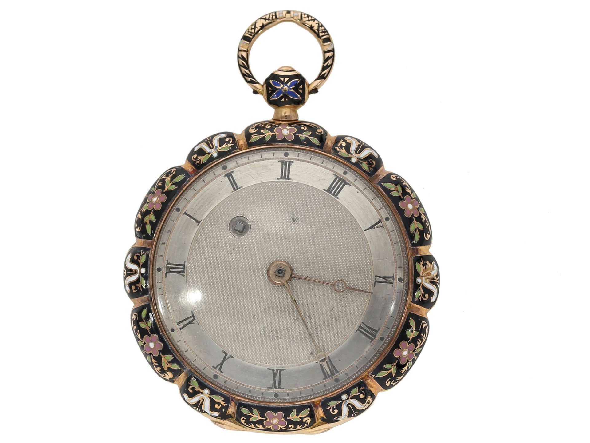 Taschenuhr: hochfeine Emaille-Lepine mit geschweiftem Rand, fantastische Qualität, ca.1820