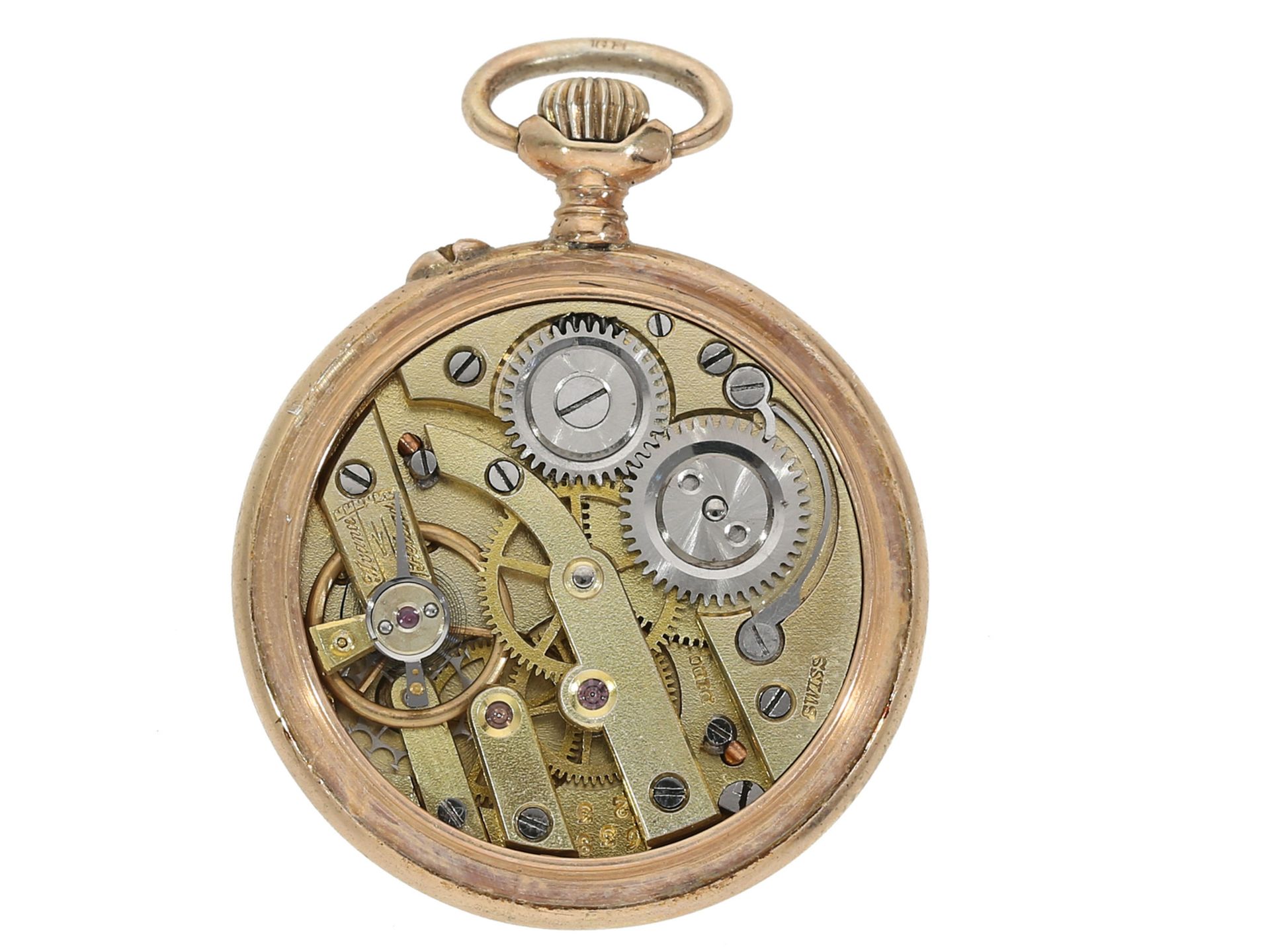 Taschenuhr/Anhängeuhr: Gold/Emaille-Broschenuhr mit Perlenbesatz und Originalschatulle, ca. 1900 - Image 4 of 4