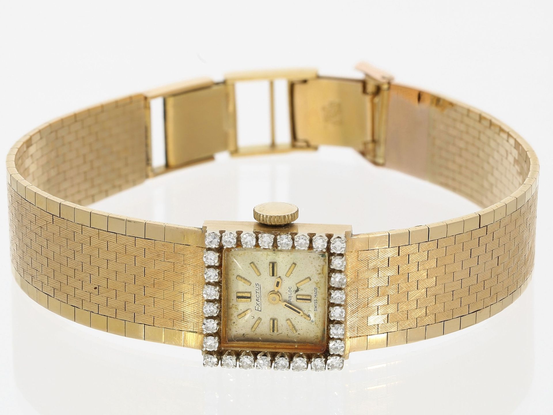 Armbanduhr: goldene vintage Damenuhr mit Diamant-Lünette, "Exactus", 18K Gold