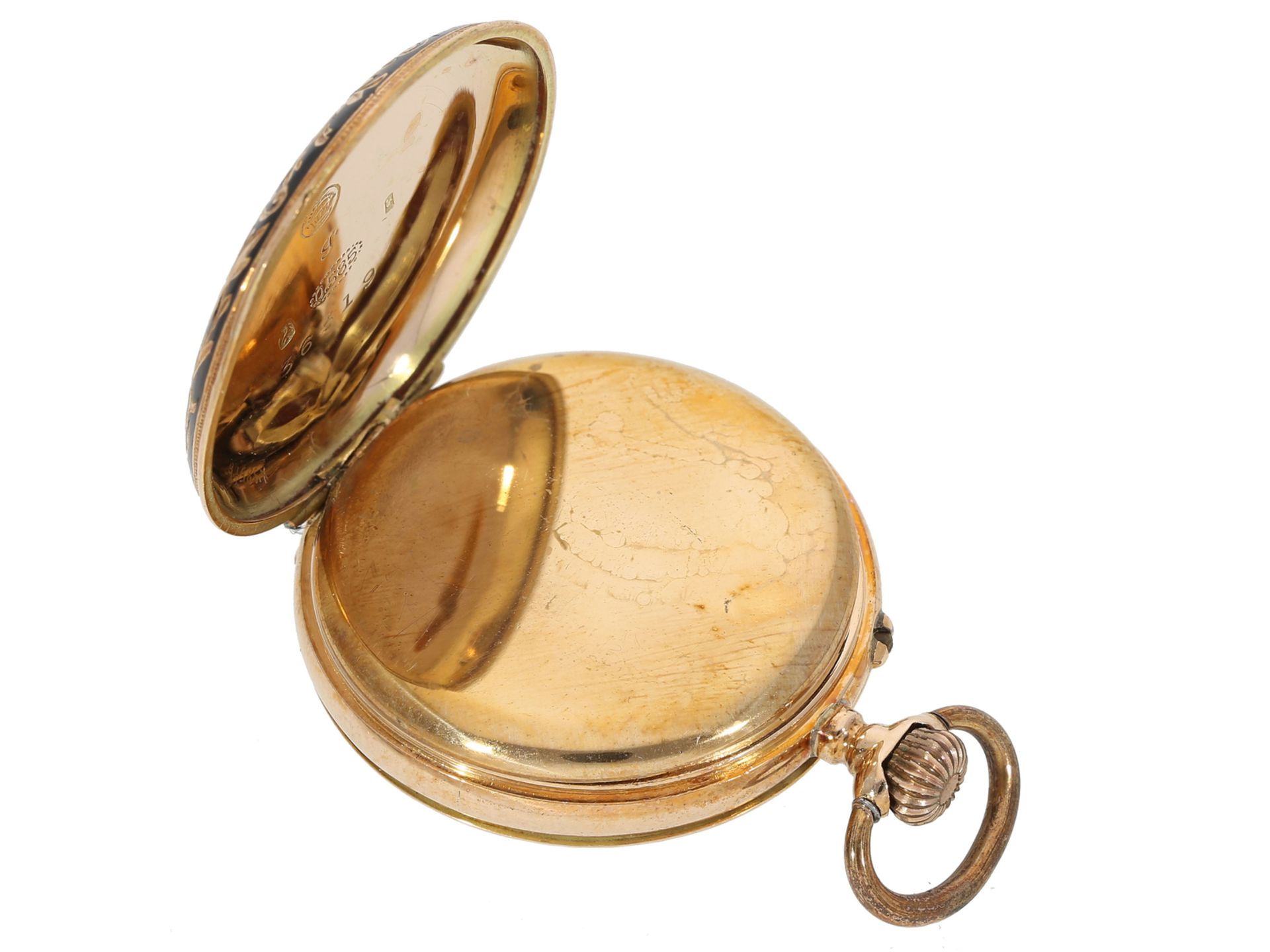 Taschenuhr/Anhängeuhr: ausgesprochen schöne Gold/Emaille-Damenuhr, um 1900 - Image 3 of 4