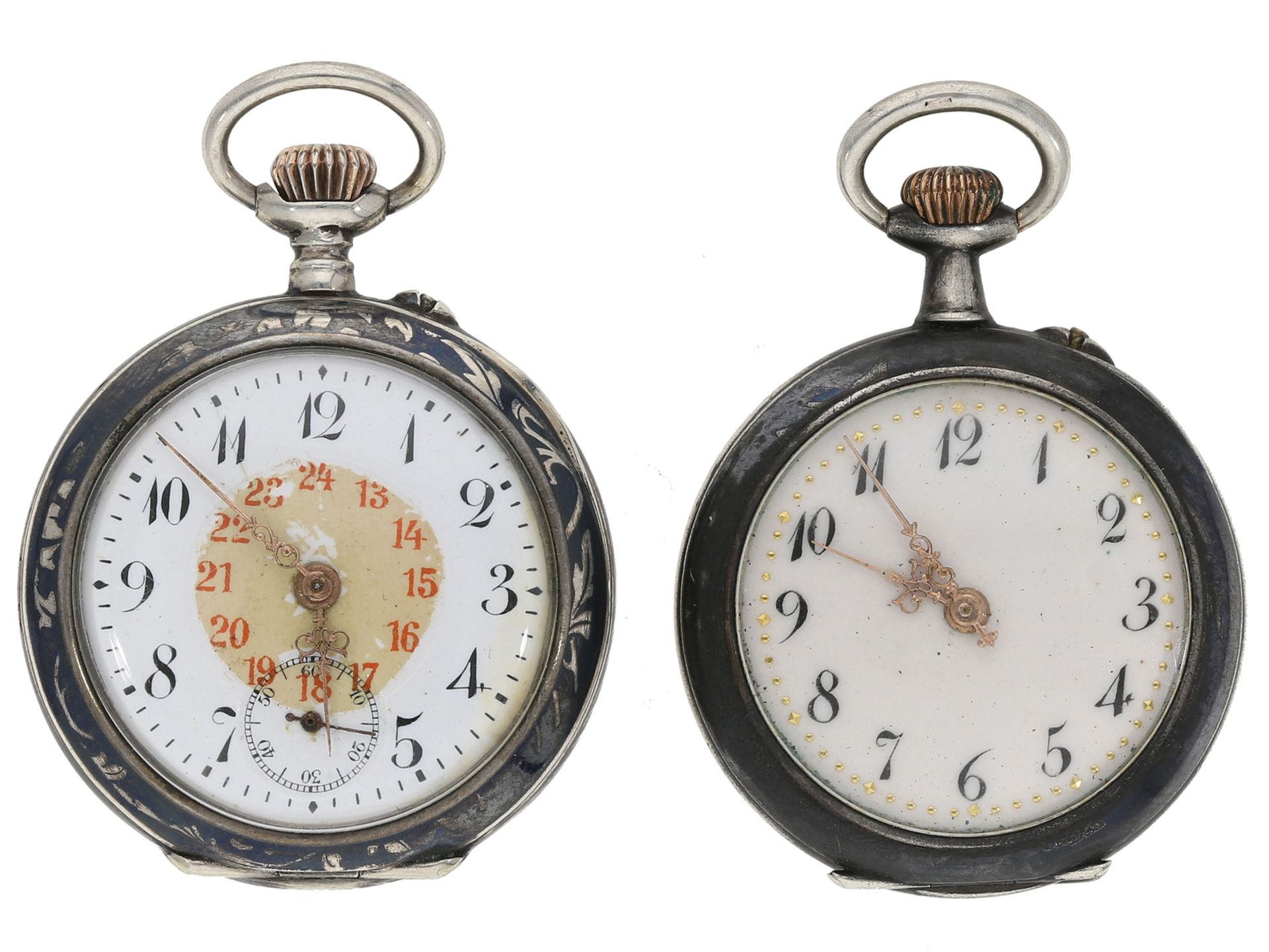 Taschenuhr/Anhängeruhr: Jugendstil-Halskette mit 2 dazugehörigen Anhängeuhren, Tula-Silber