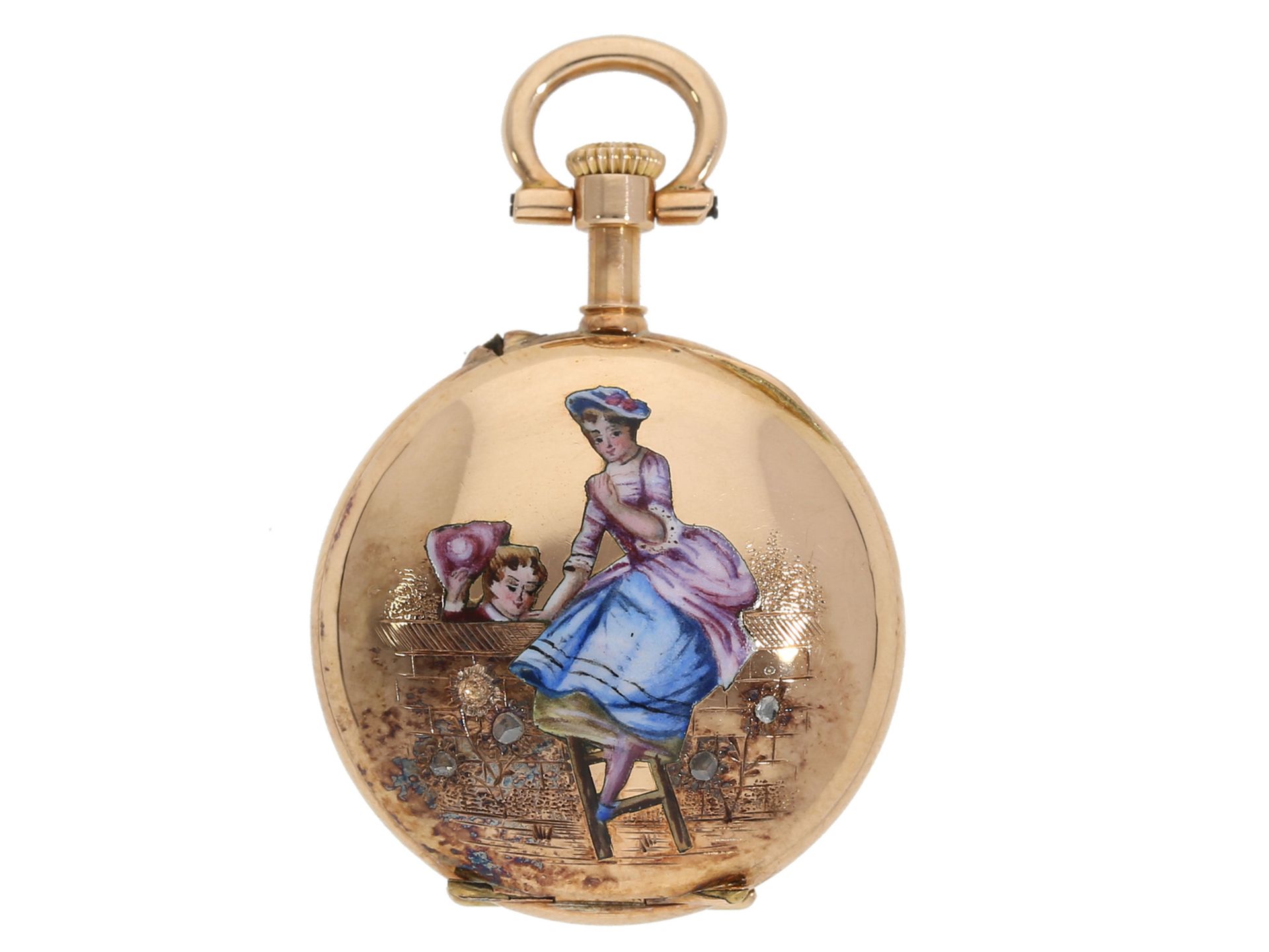 Taschenuhr/Anhängeuhr: exquisite Miniatur-Damenuhr mit Emaillemalerei und Diamantbesatz, ca.1900 - Image 2 of 4