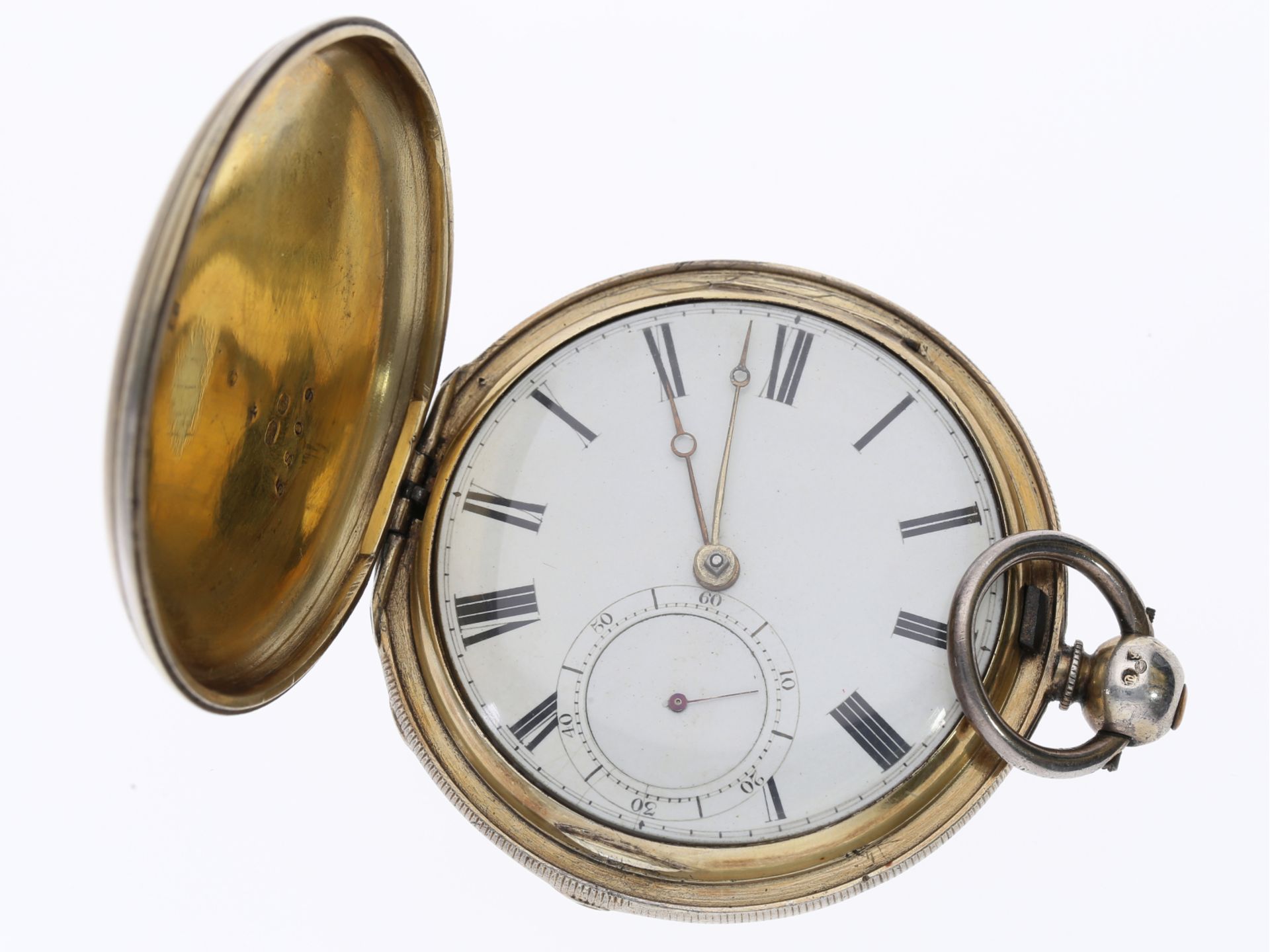 Taschenuhr: qualitätsvolle Silbersavonnette mit Kette/Schnecke und Diamantdeckstein, England 1854