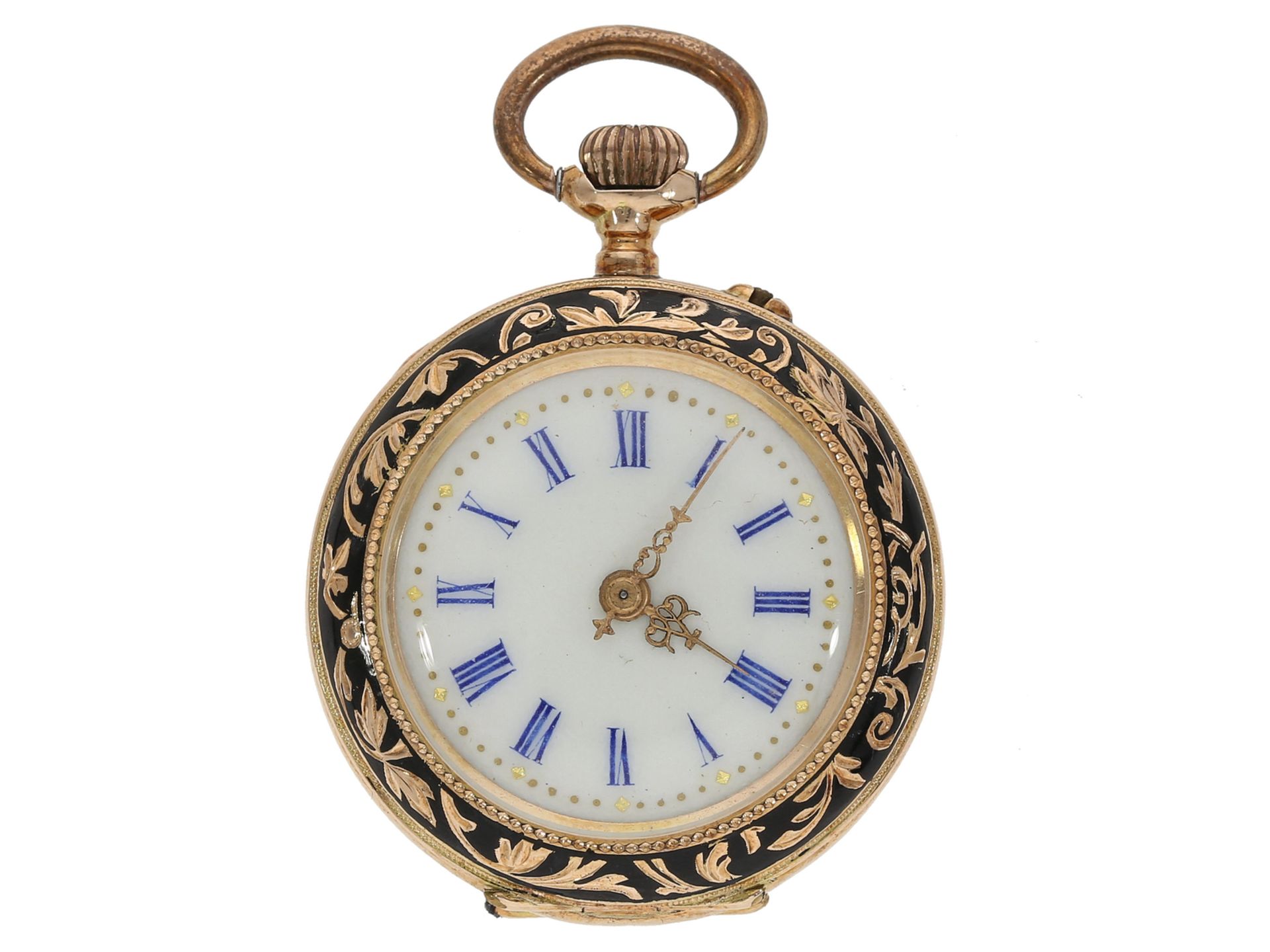 Taschenuhr/Anhängeuhr: ausgesprochen schöne Gold/Emaille-Damenuhr, um 1900