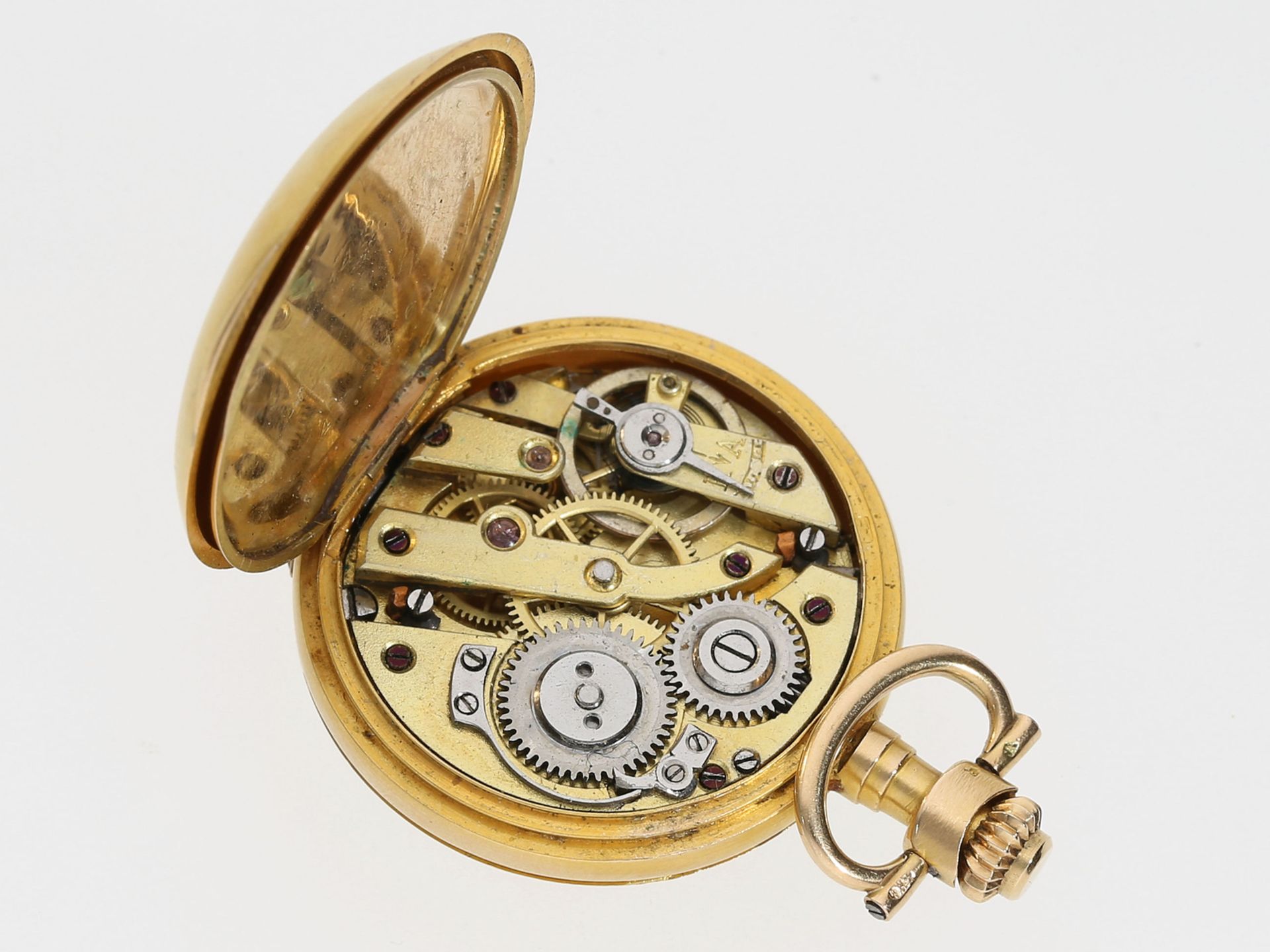 Taschenuhr/Anhängeuhr: Gold/Emaille-Damenuhr mit Diamantbesatz, Jugendstil um 1900 - Bild 4 aus 4