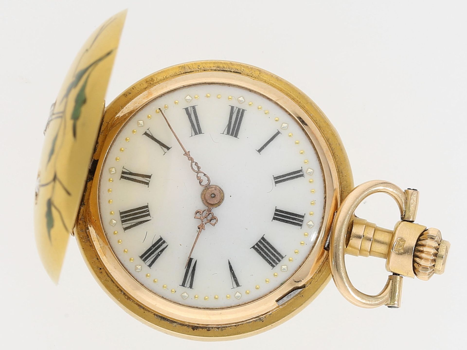 Taschenuhr/Anhängeuhr: Gold/Emaille-Damenuhr mit Diamantbesatz, Jugendstil um 1900