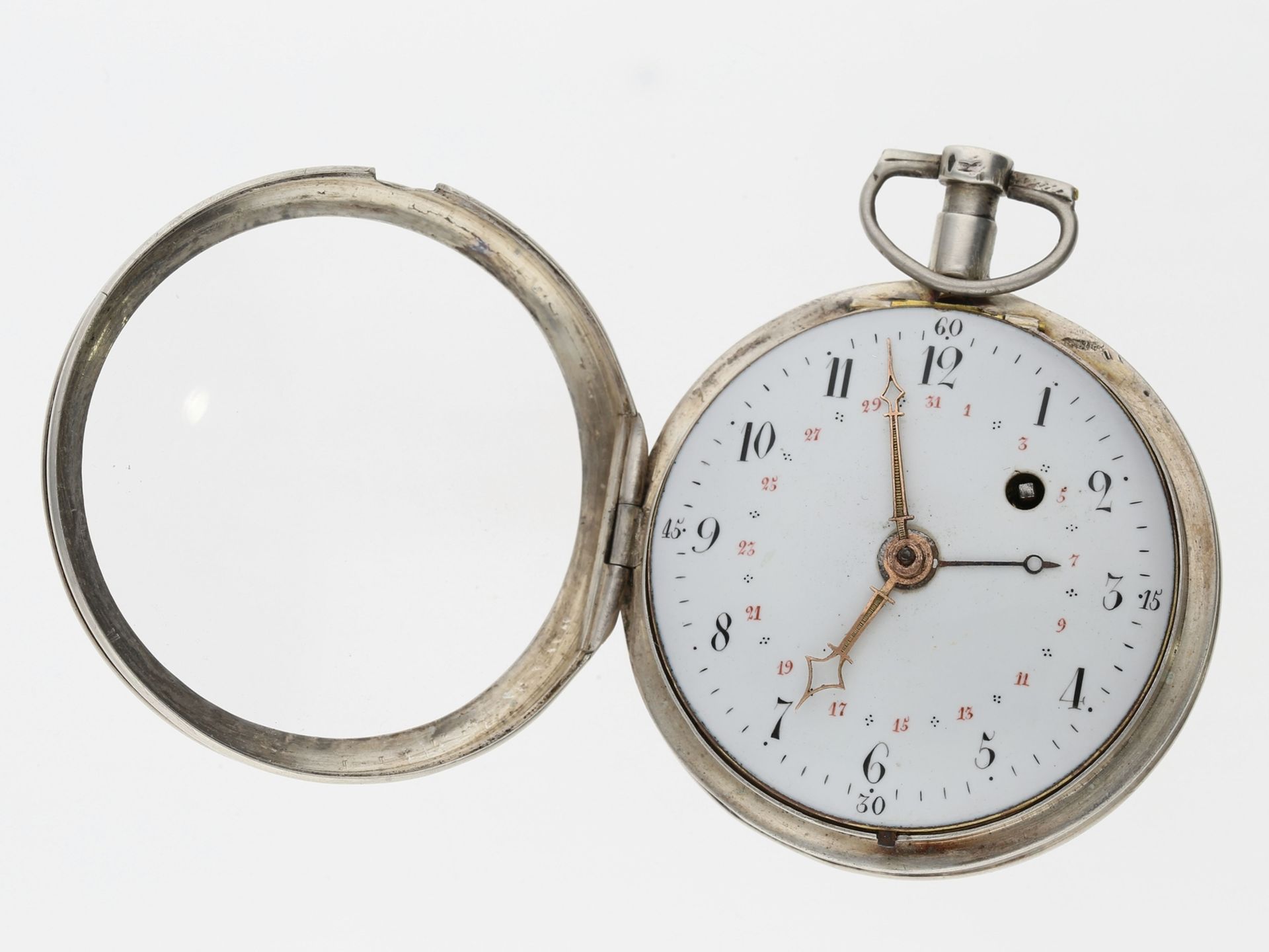 Taschenuhr: frühe französische Spindeluhr mit Zeigerdatum, ca. 1780 - Bild 3 aus 4