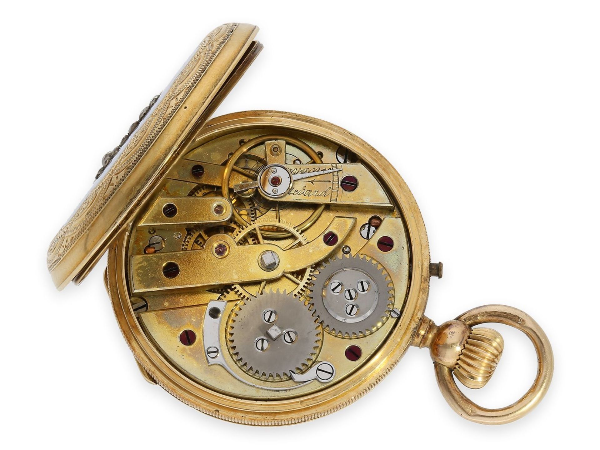 Taschenuhr: Gold/Emaille-Taschenuhr mit Diamantbesatz, allerfeinste Lupenmalerei, gefertigt für den  - Bild 5 aus 9