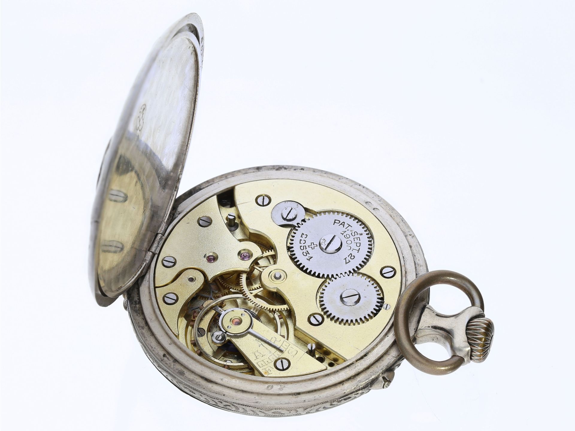 Taschenuhr: seltene Jugendstil-Taschenuhr mit Reliefgehäuse von Huguenin, ca. 1910 - Bild 4 aus 4