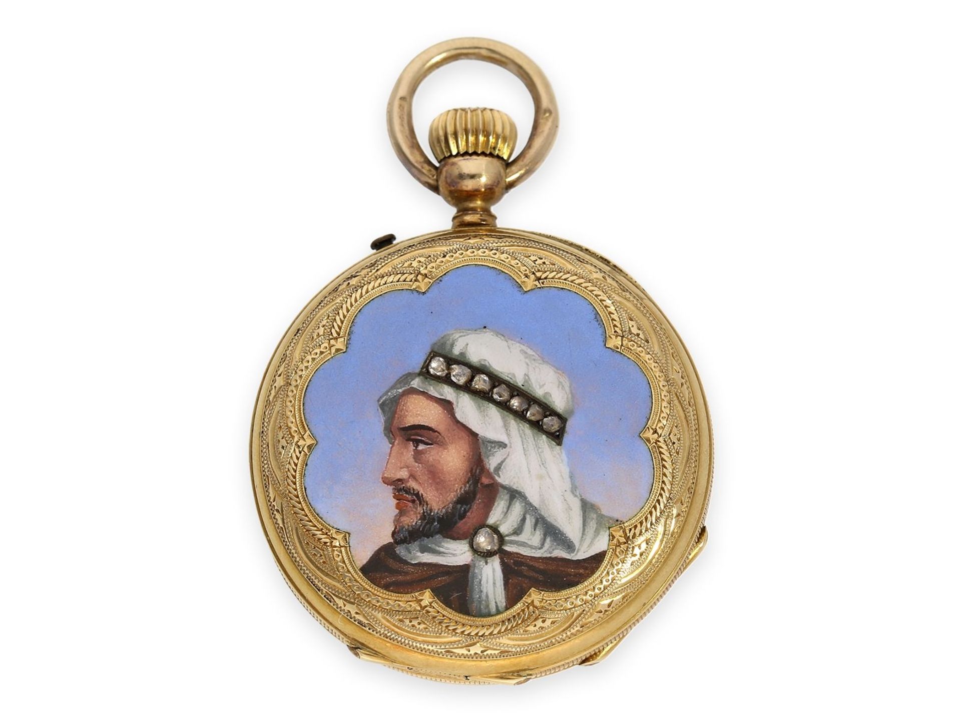 Taschenuhr: Gold/Emaille-Taschenuhr mit Diamantbesatz, allerfeinste Lupenmalerei, gefertigt für den  - Bild 2 aus 9