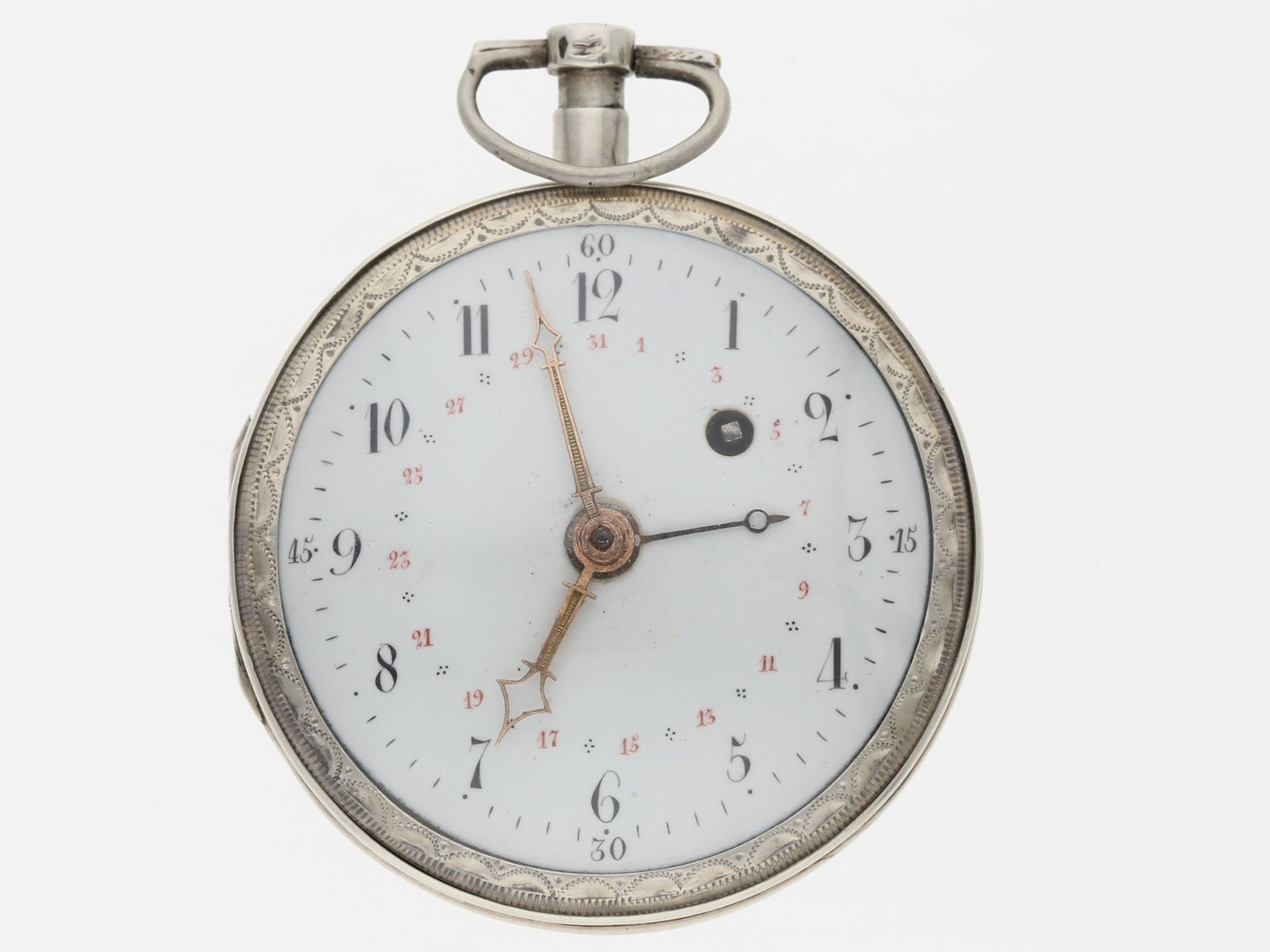 Taschenuhr: frühe französische Spindeluhr mit Zeigerdatum, ca. 1780