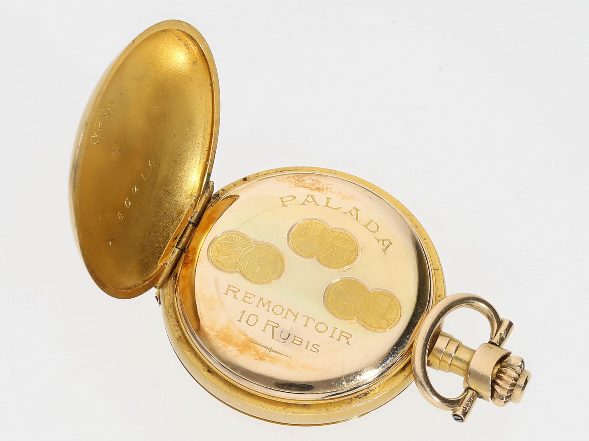 Taschenuhr/Anhängeuhr: Gold/Emaille-Damenuhr mit Diamantbesatz, Jugendstil um 1900 - Bild 3 aus 4