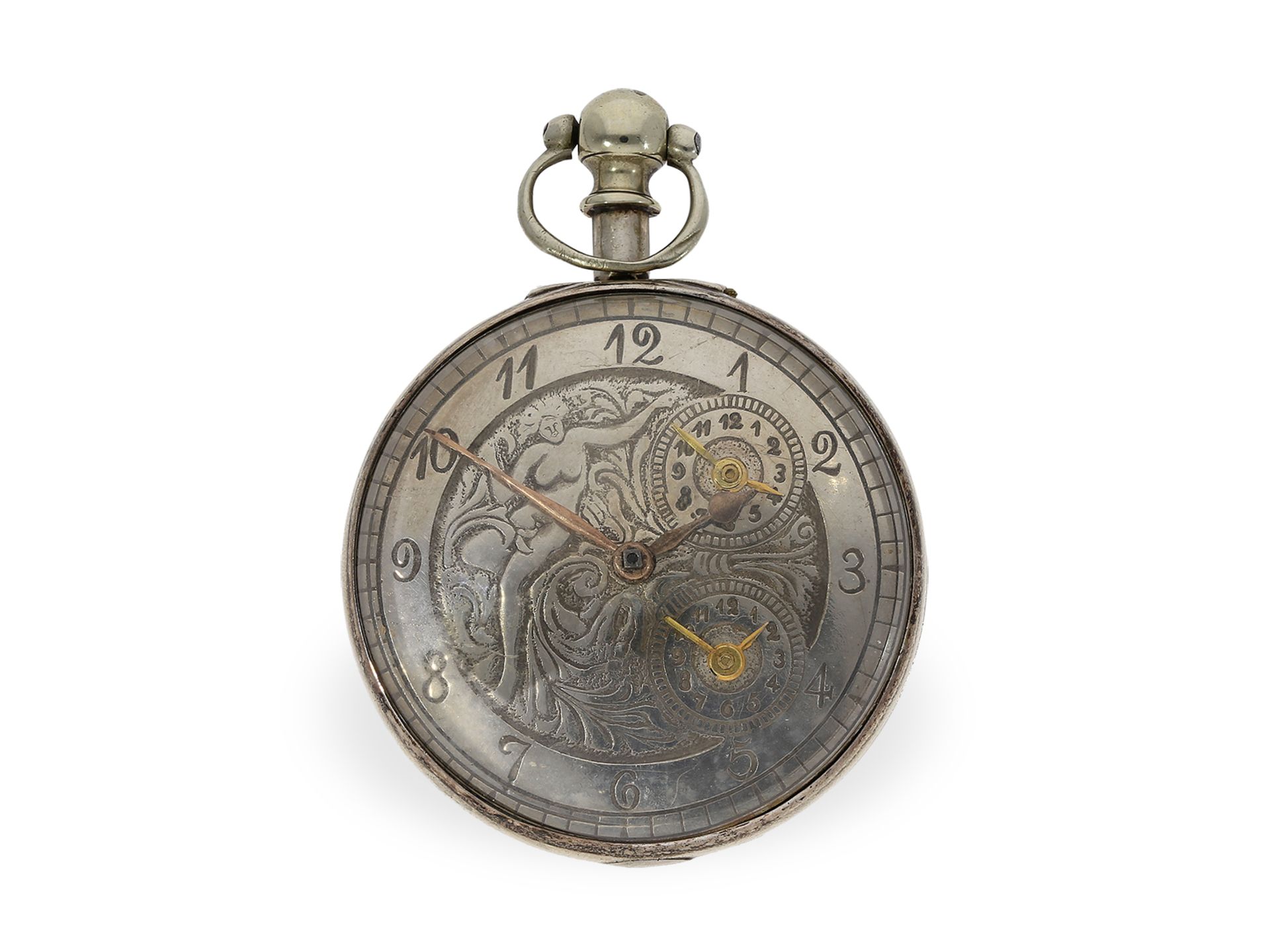 Taschenuhr: äußerst seltene Spindeluhr mit erotischer Darstellung und 2 Zeitzonen, ca.1820 - Bild 4 aus 7