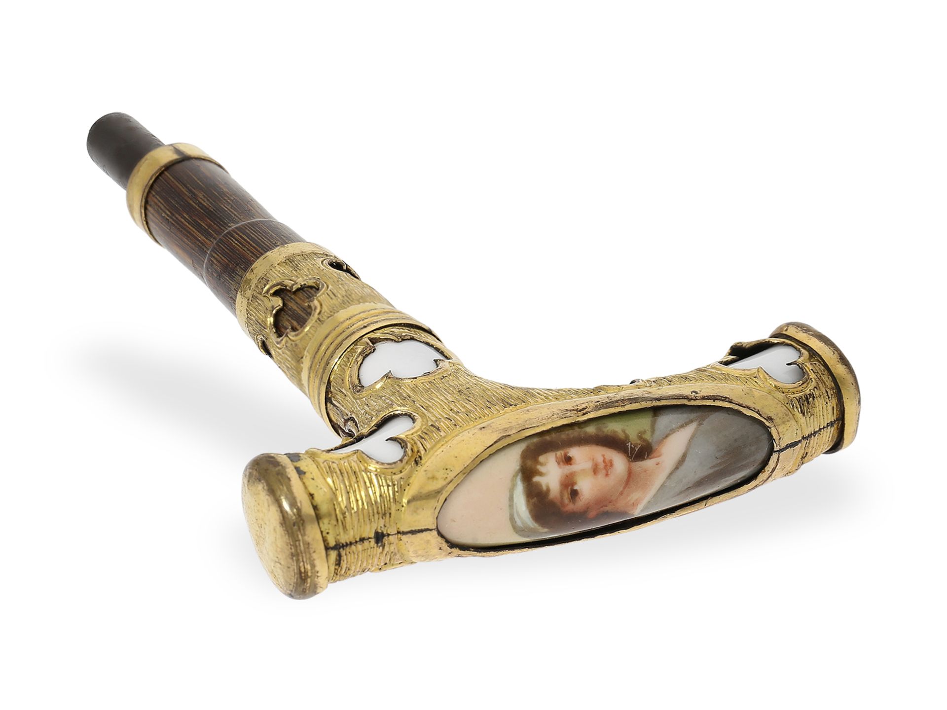 Knob/clock key: walking stick knob with clock key and porcelain painting, 19th century