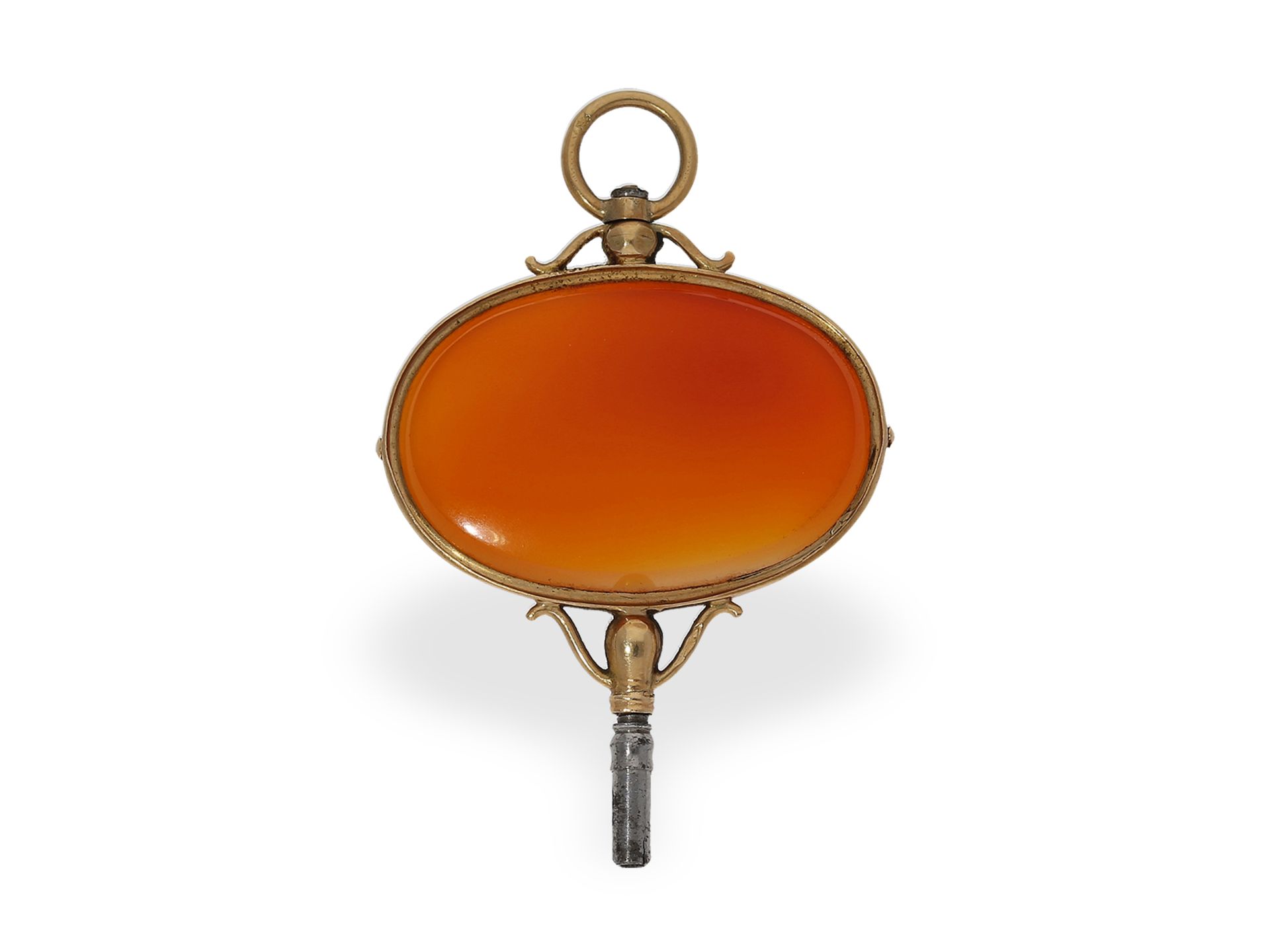 Uhrenschlüssel: prächtiger goldener Uhrenschlüssel mit Karneol-Scheibe, ca. 1820 - Bild 2 aus 2