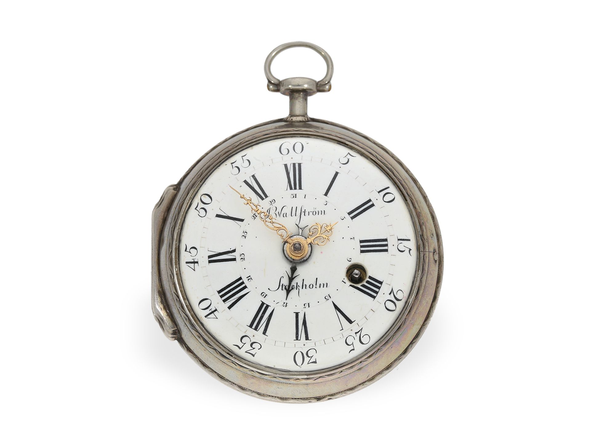 Taschenuhr: große schwedische Spindeluhr mit Zeigerdatum, J. Wallström Stockholm, Hallmarks 1771