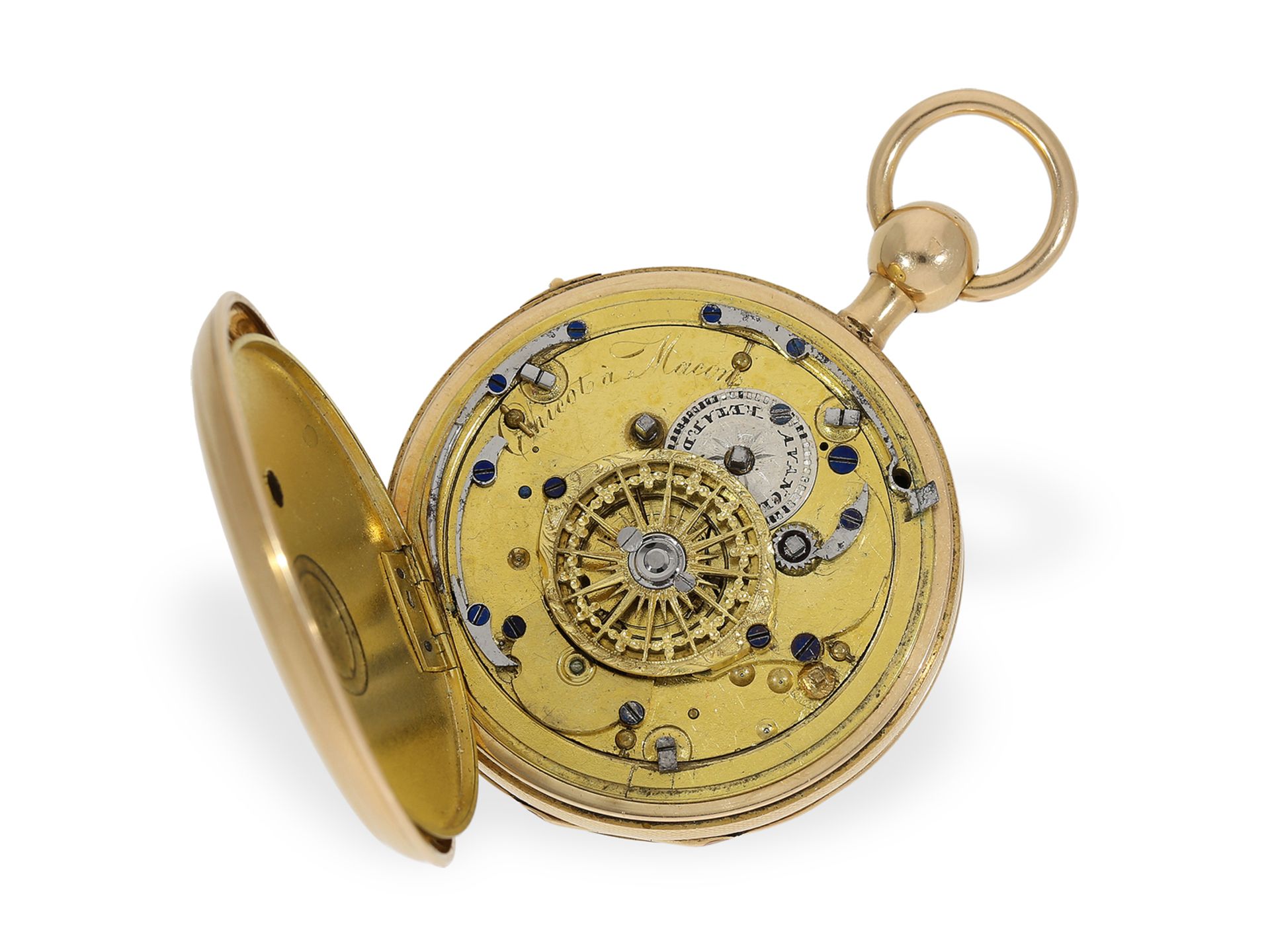 Taschenuhr: ungewöhnliche, kleine französische Lepine mit Blick auf das Schlagwerk, ca. 1830 - Bild 3 aus 5