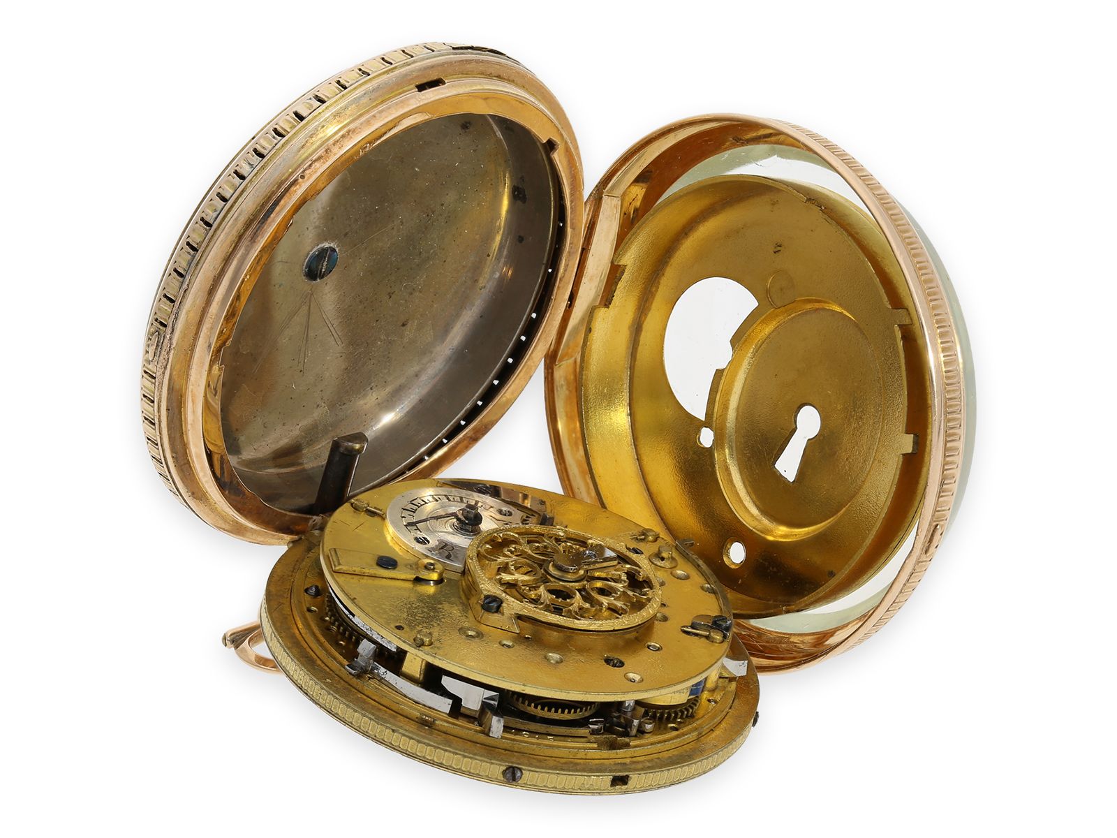 Taschenuhr: schwere rotgoldene Spindeluhr mit Repetition auf Glocke und Datum, Jean Jaques Hagnauer  - Bild 3 aus 6