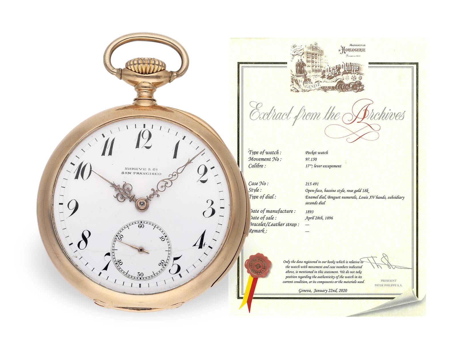 Taschenuhr: seltene, kleine Patek Philippe mit Minutenrepetition, Genf 1893, mit Stammbuchauszug