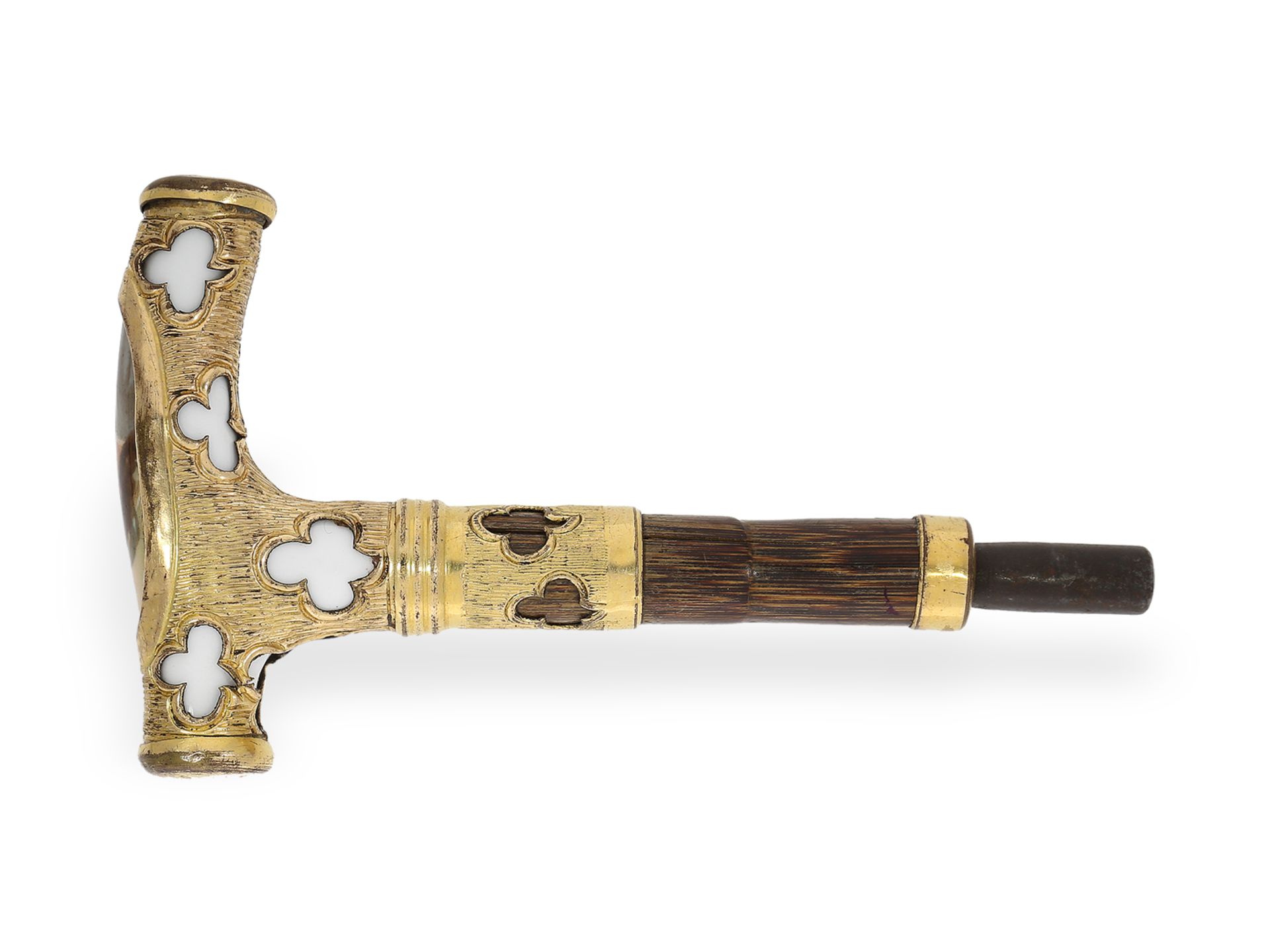 Knob/clock key: walking stick knob with clock key and porcelain painting, 19th century - Image 2 of 3