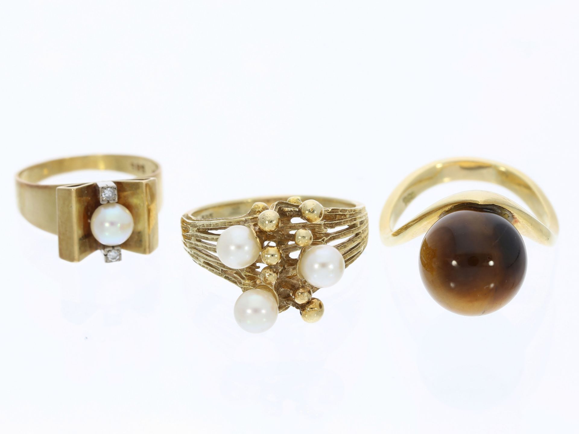 Ring: kleines Konvolut vintage Designer-Goldringe mit Perlen/Diamanten und Tigerauge besetzt