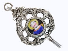 Einzigartiger, emaillierter Uhrenschlüssel mit Heiligen-Bildnis, vermutlich süddeutsch um 1800