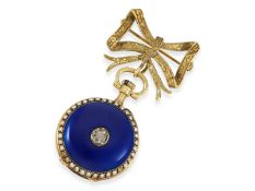 Anhängeuhr/Broschenuhr: feine 18K Gold/Emailleuhr besetzt mit einer großen Diamantrose und Miniatur-