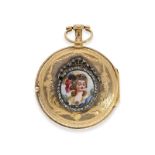 Taschenuhr: attraktive Gold/Emaille-Spindeluhr mit Steinbesatz, königlicher Uhrmacher Virginio Girar