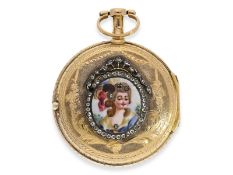 Taschenuhr: attraktive Gold/Emaille-Spindeluhr mit Steinbesatz, königlicher Uhrmacher Virginio Girar