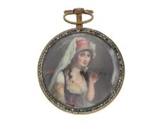 Taschenuhr: sehr seltene, große Spindeluhr mit Emaille-Lupenmalerei und 2. versteckten erotischen Ge