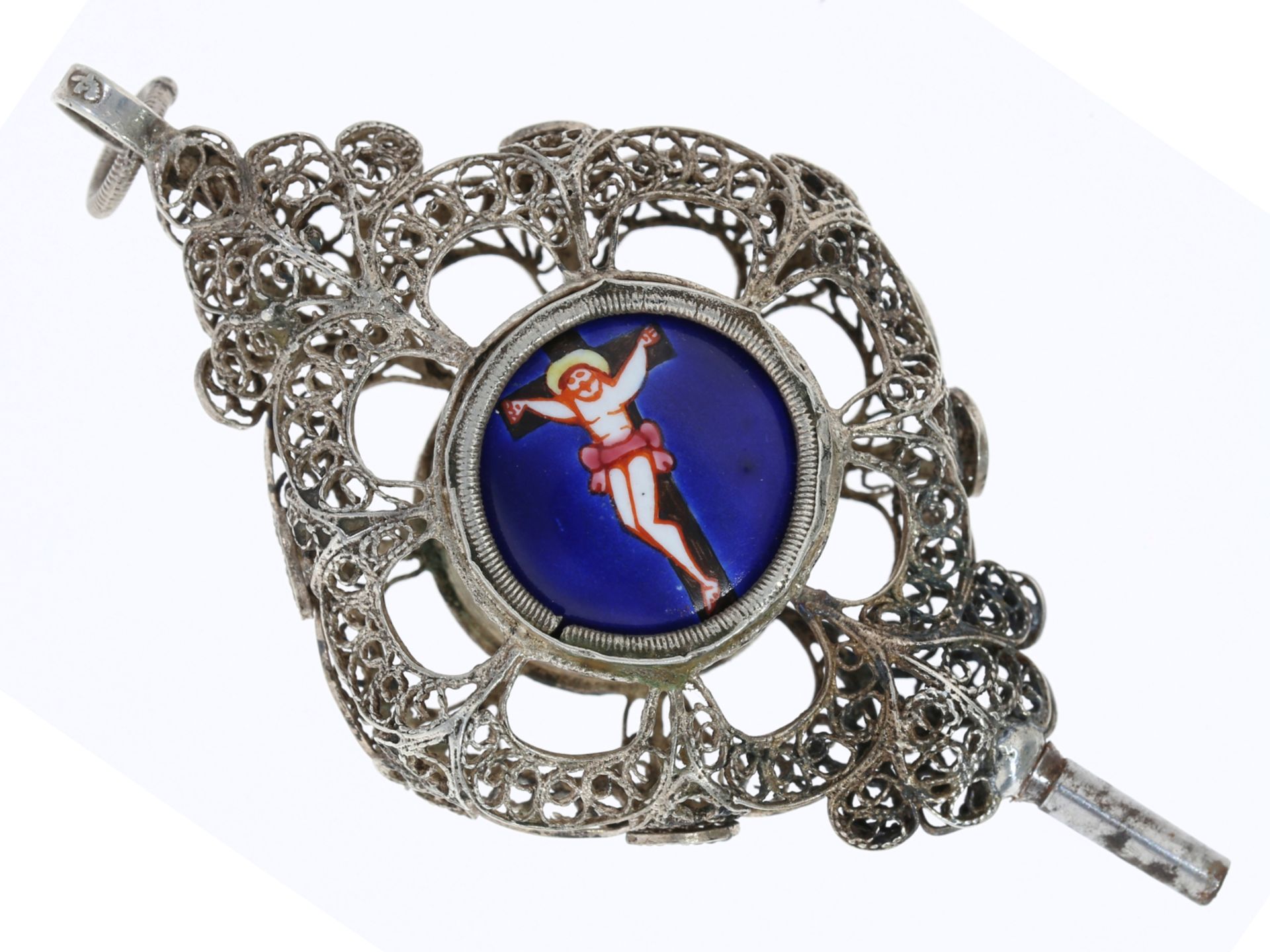 Einzigartiger, emaillierter Uhrenschlüssel mit Heiligen-Bildnis, vermutlich süddeutsch um 1800 - Image 2 of 2