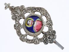 Einzigartiger, emaillierter Uhrenschlüssel mit Heiligen-Bildnis, vermutlich süddeutsch um 1800