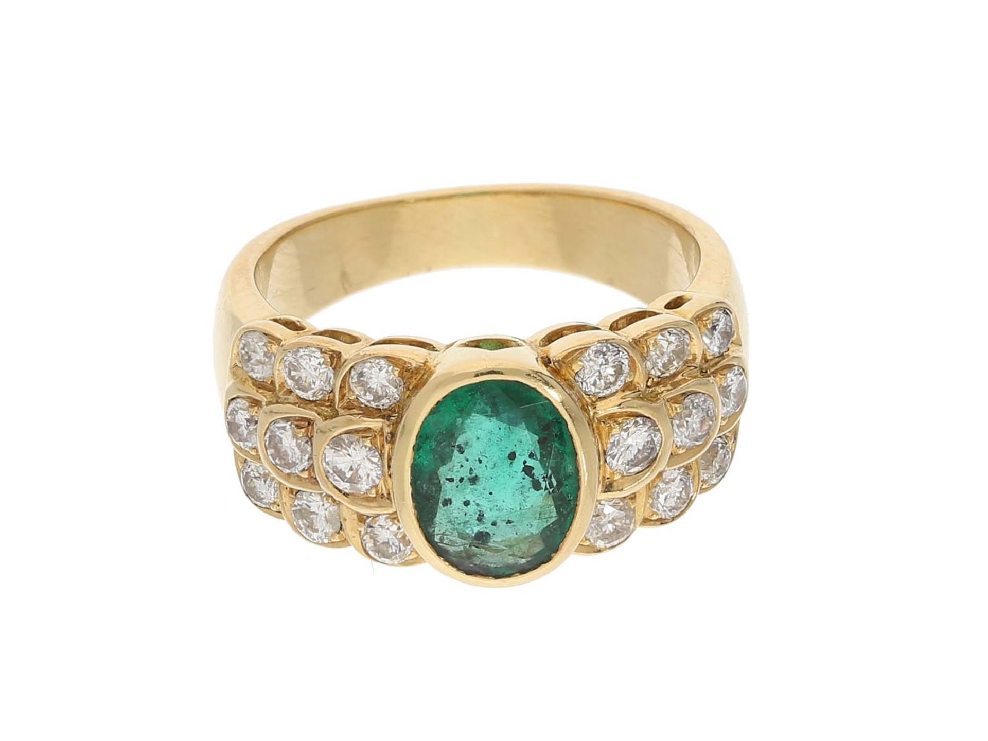 Ring: vintage Smaragd/Brillant-Goldschmiedering, ca. 1,9ct, massive Handarbeit, 18K Gold