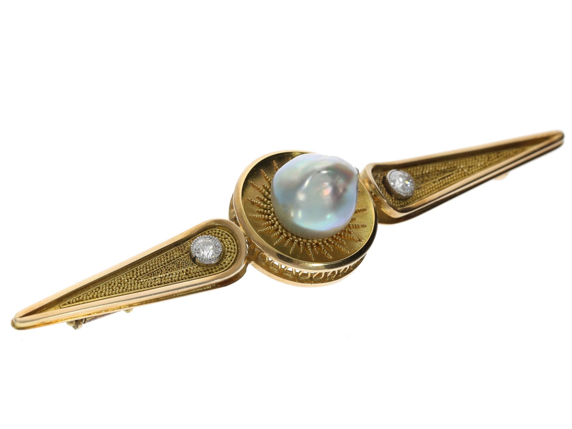 Antike Designer-Goldschmiedebrosche mit barocker Perle und Altschliff-Diamanten, Handarbeit,19.Jh. - Bild 2 aus 2