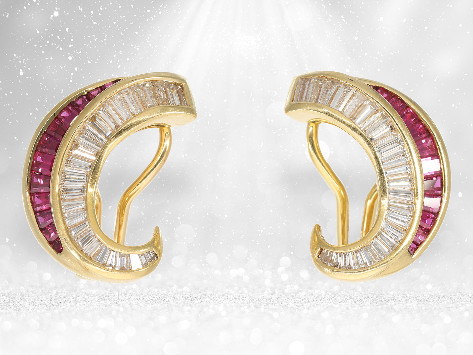 Earrings: highly refined goldsmith earrings with rubies and diamonds