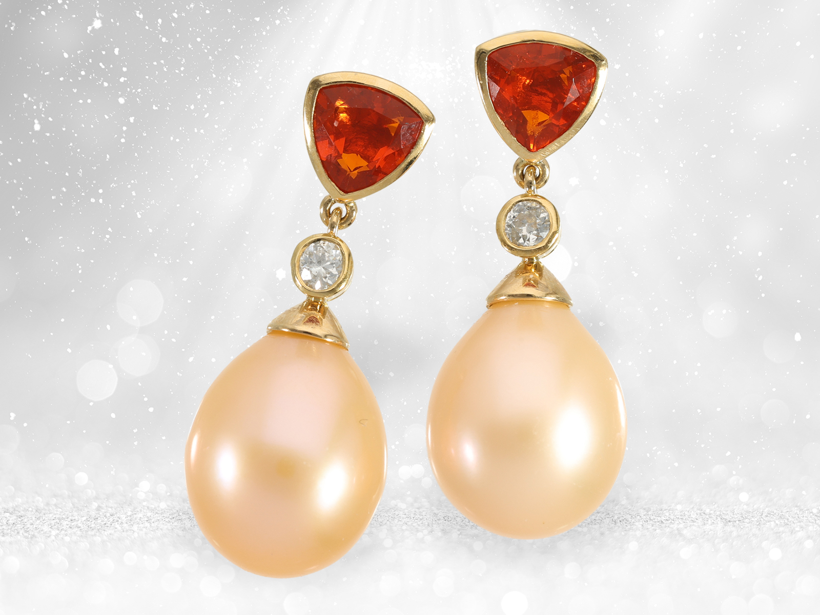 High quality ear studs with fire opal, brilliant-cut diamonds and cultured pearls, 18K gold handcraf