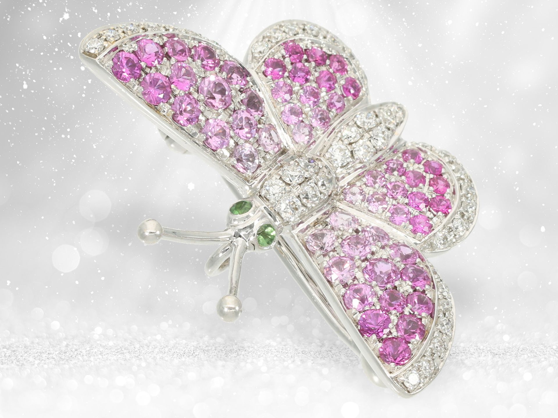 Pendant/brooch: highly refined goldsmith's pendant by Wempe "Butterfly", pink sapphires and diamonds - Image 4 of 5
