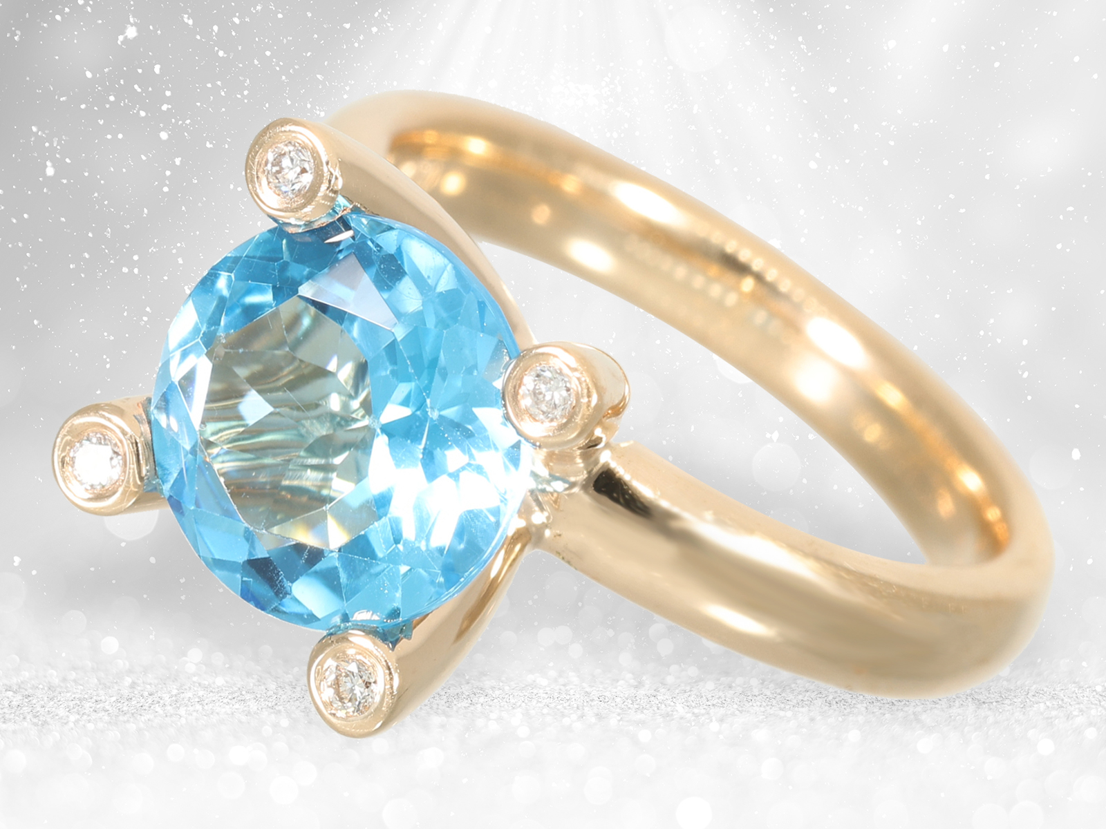 Fancy and decorative solid gold ring with beautiful blue topaz and brilliant-cut diamonds - Image 2 of 4