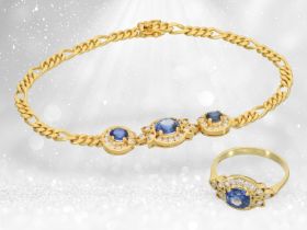 Zierliches Saphir/Brillant-Goldschmiede-Armband mit passendem Ring, 18K Gold