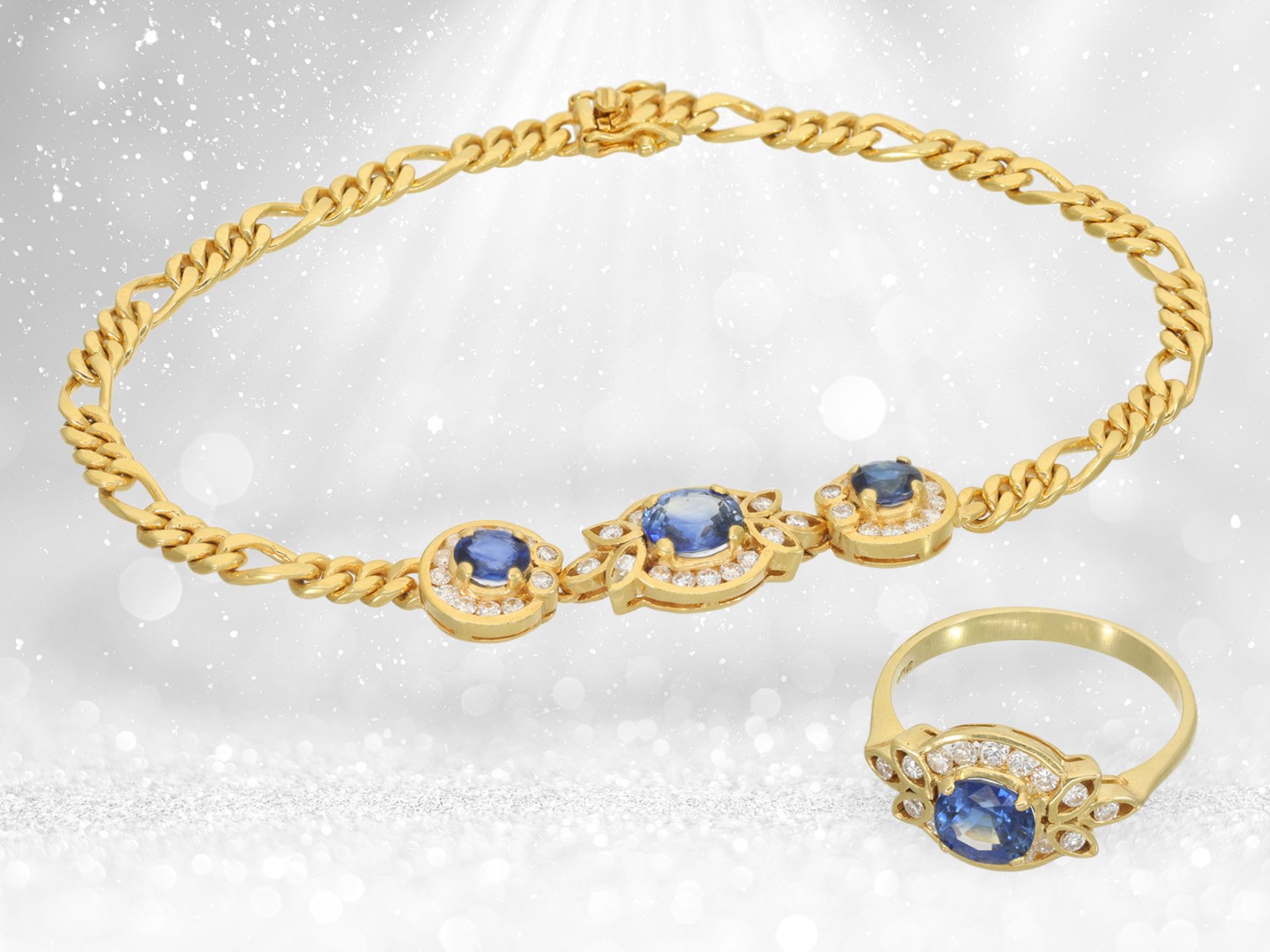 Filigree sapphire/brilliant-cut diamond goldsmith's bracelet with matching ring, 18K gold