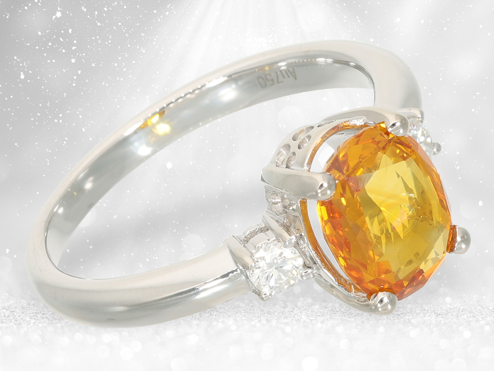 Unworn white gold goldsmith's ring with orange/yellow sapphire and brilliant-cut diamonds - Image 2 of 4