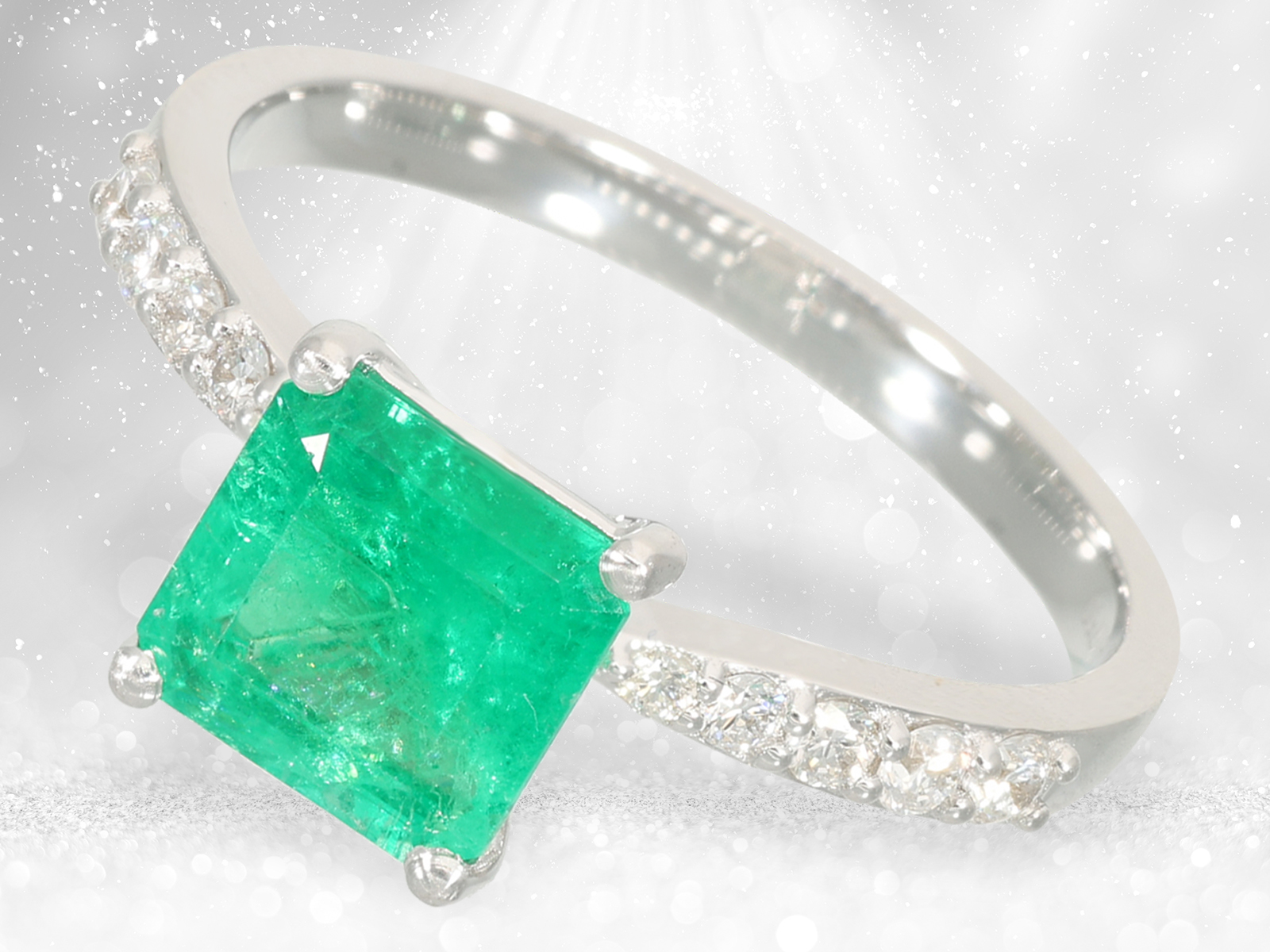 Fine white gold emerald/brilliant-cut diamond goldsmith ring, approx. 1.6ct