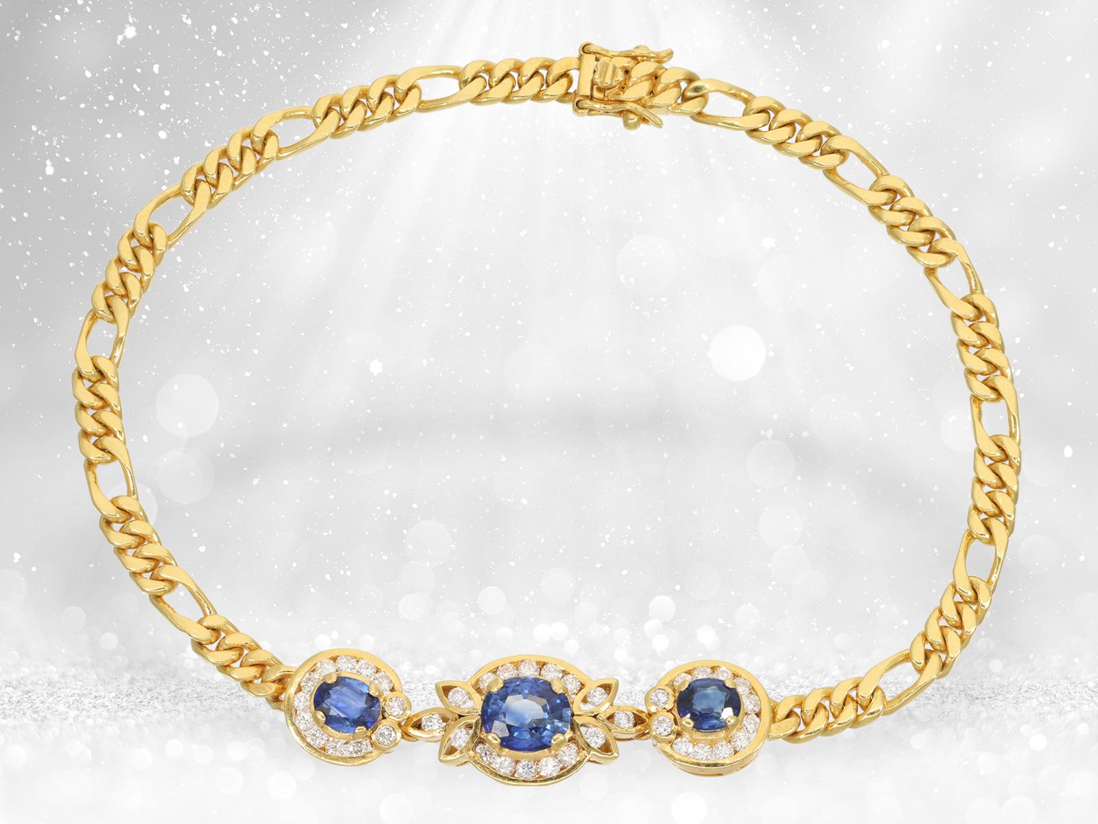 Filigree sapphire/brilliant-cut diamond goldsmith's bracelet with matching ring, 18K gold - Image 2 of 4