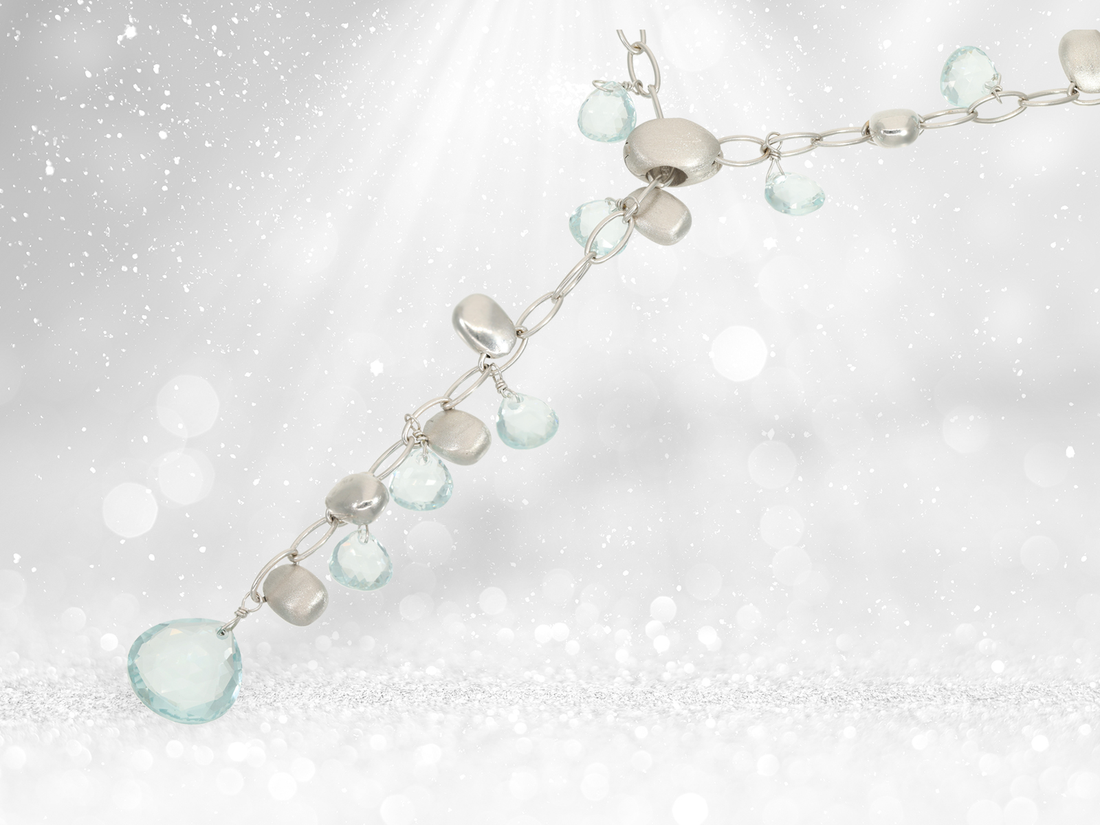 Unique white gold designer goldsmith necklace with light blue coloured stones - Image 3 of 3